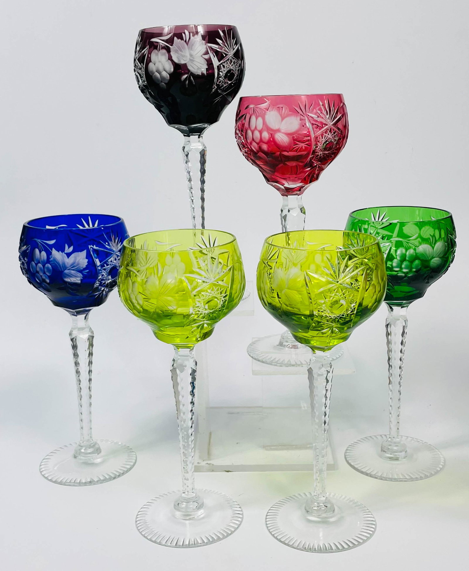Austrian Crystal Cut to Clear Wine Goblet 6pc SET: Set of six Austrian crystal cut to clear wine stems in various colors. Lot include (2) light green goblets, (1) dark green goblet, (1) blue goblet, (1) purple goblet and (1) red goblet. No apparent ma