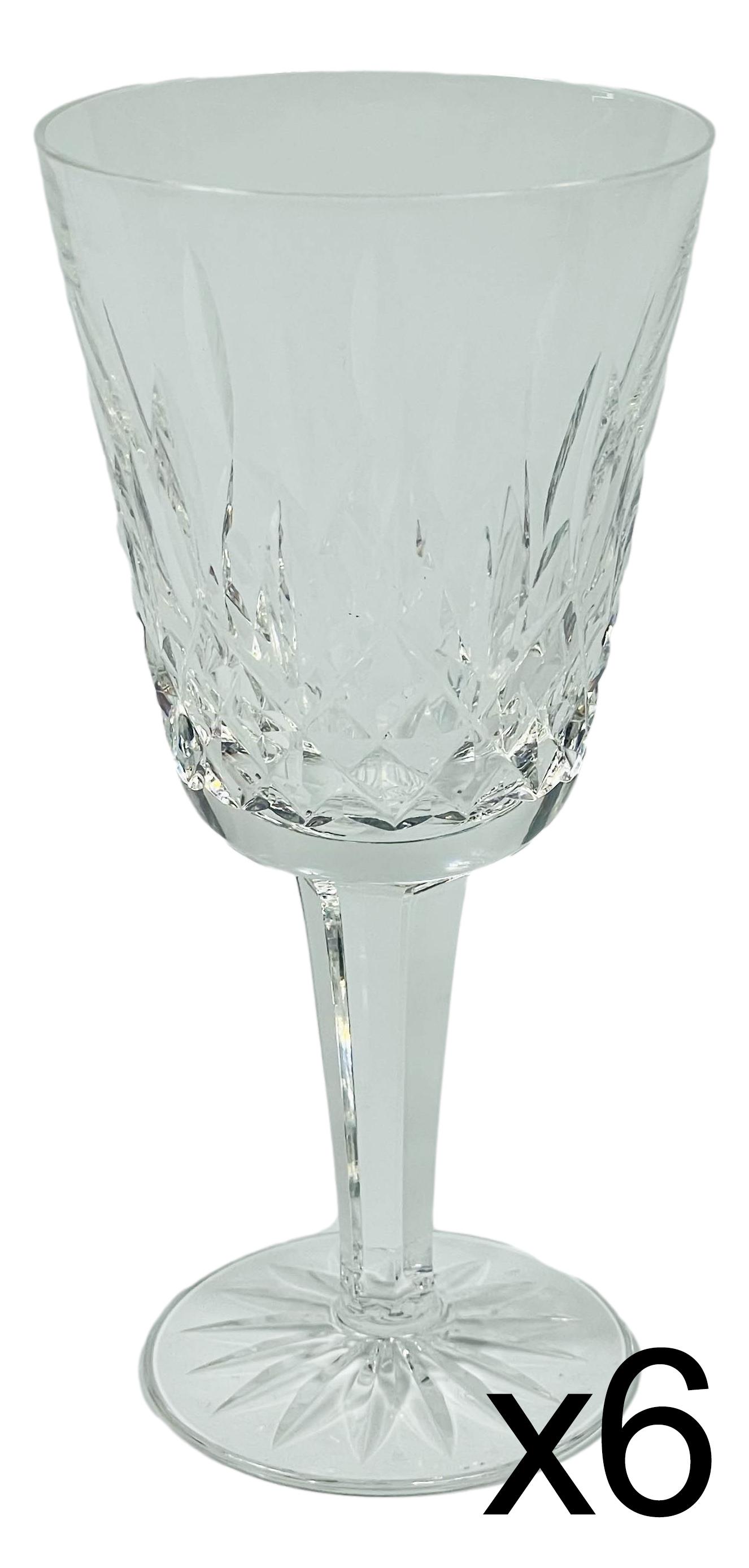 Waterford Crystal Lismore Claret Wine Goblet 6pc: Sparkling Irish crystal art glass champagne sherbets modeled by Waterford in their "Lismore" pattern that was introduced in 1952. Design features vertical cuts over a diamond quilt pattern. Multifacet