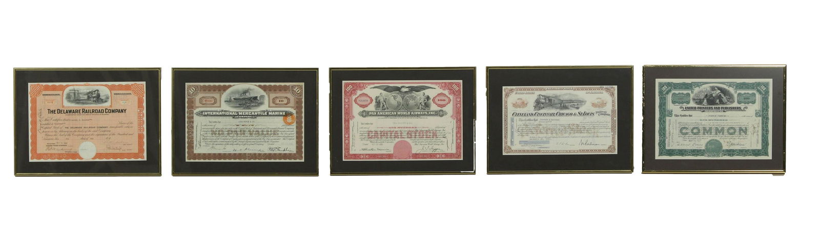 1930's to 1960's Stock Certificates FRAMED 5pc LOT (1 of 7)