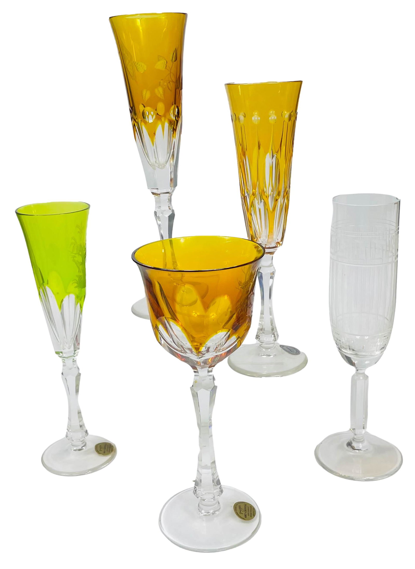 Varga for Herend Rosenthal Crystal Wine Goblet 5pc: Includes ~ 1 x Herend for Varga "Printemps Green" Champagne Flute. 1 x Herend for Varga "Renaissance Amber" Champagne Flute. 1 x Herend for Varga "Rothschild Green" Fluted Champagne. 1 x Herend for Va