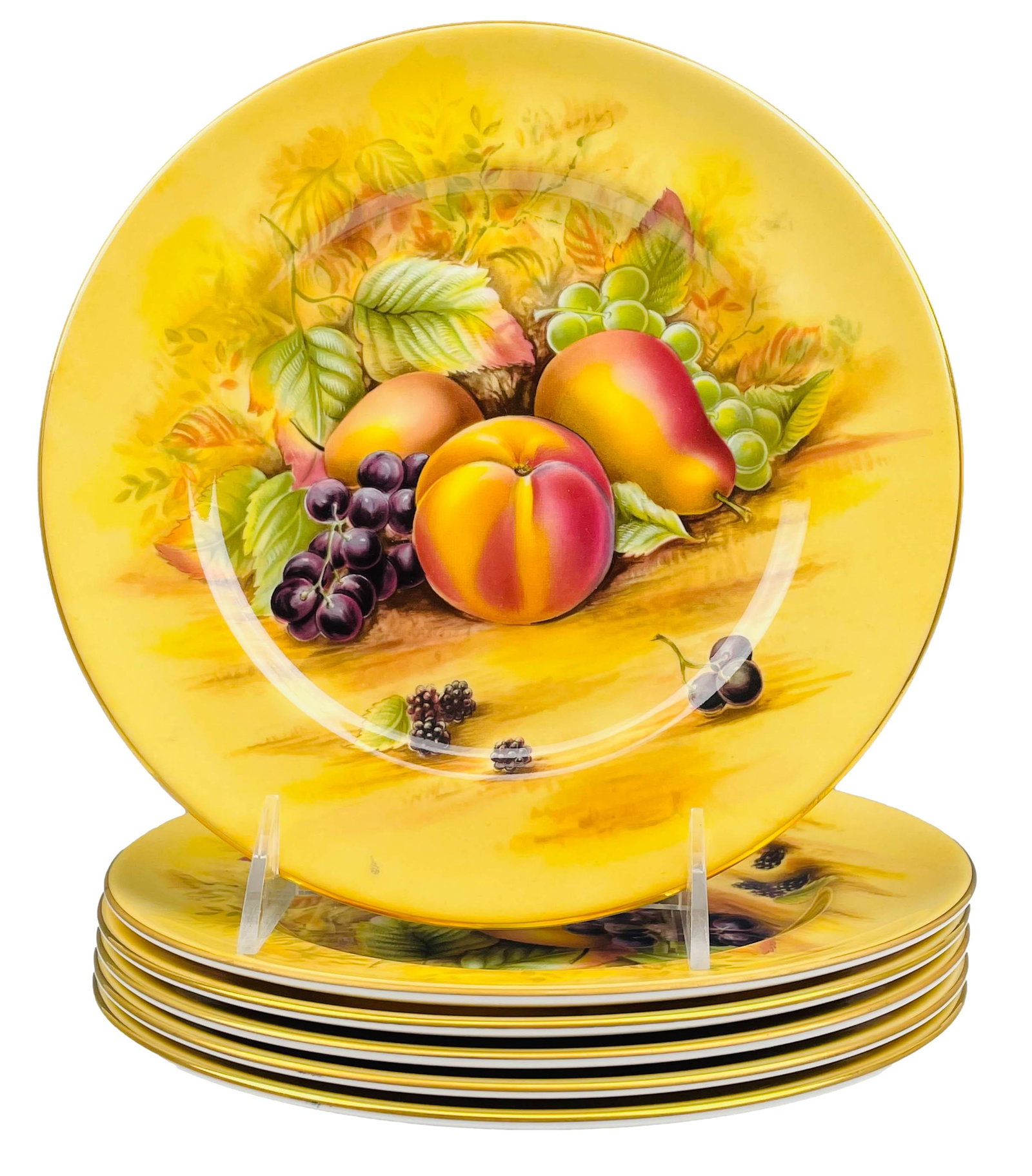 Aynsley Orchard Gold China 6pc Salad Plate LOT: Set of 6 English fine bone china salad plates manufactured by Aynsley. All graced with a rich harvest scene in "transferware" against a yellow ground. Rich gold trim lining around their respective bor