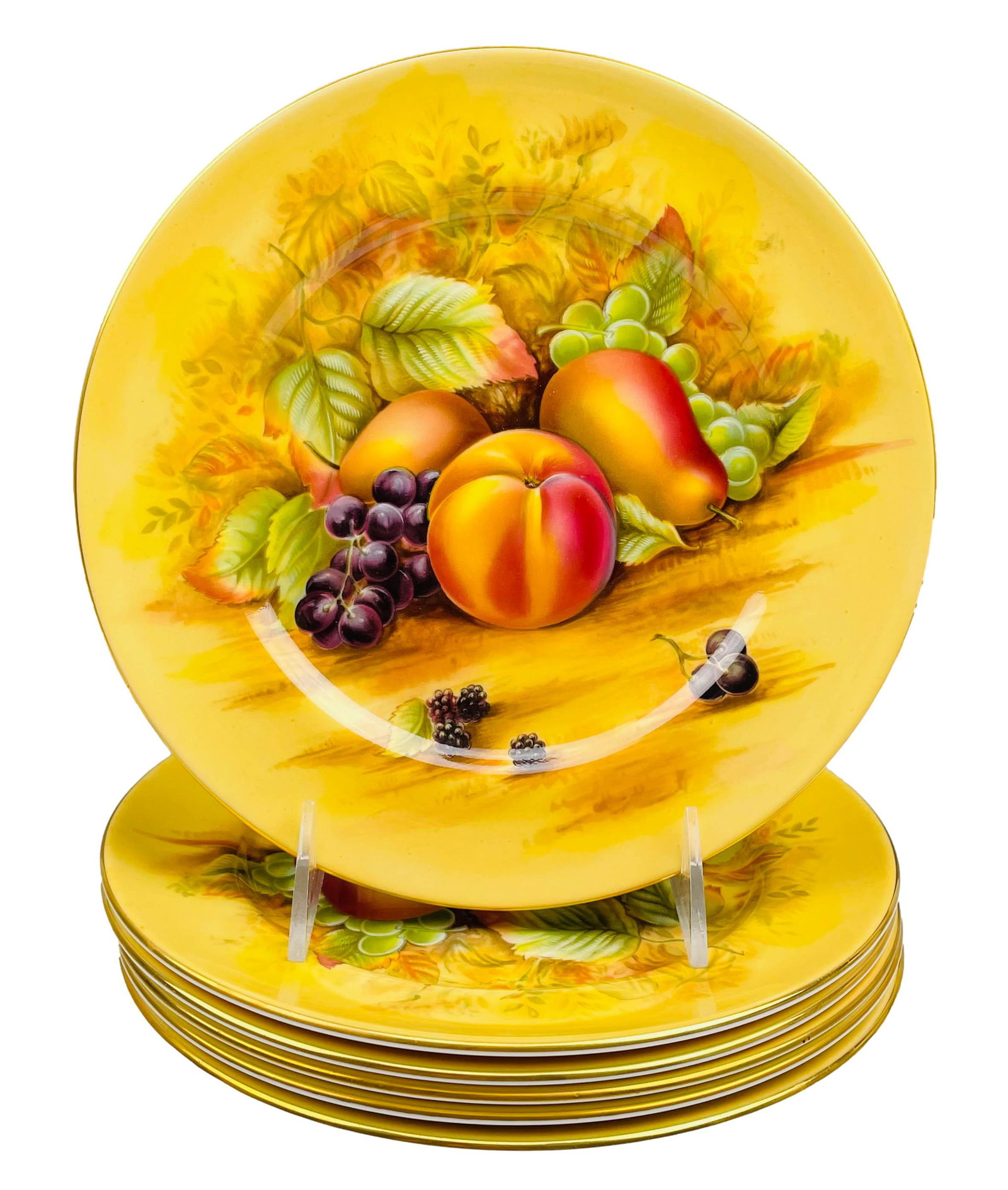 Aynsley Orchard Gold China 6pc Salad Plate LOT: Set of 6 English fine bone china salad plates manufactured by Aynsley. All graced with a rich harvest scene in "transferware" against a yellow ground. Rich gold trim lining around their respective bor