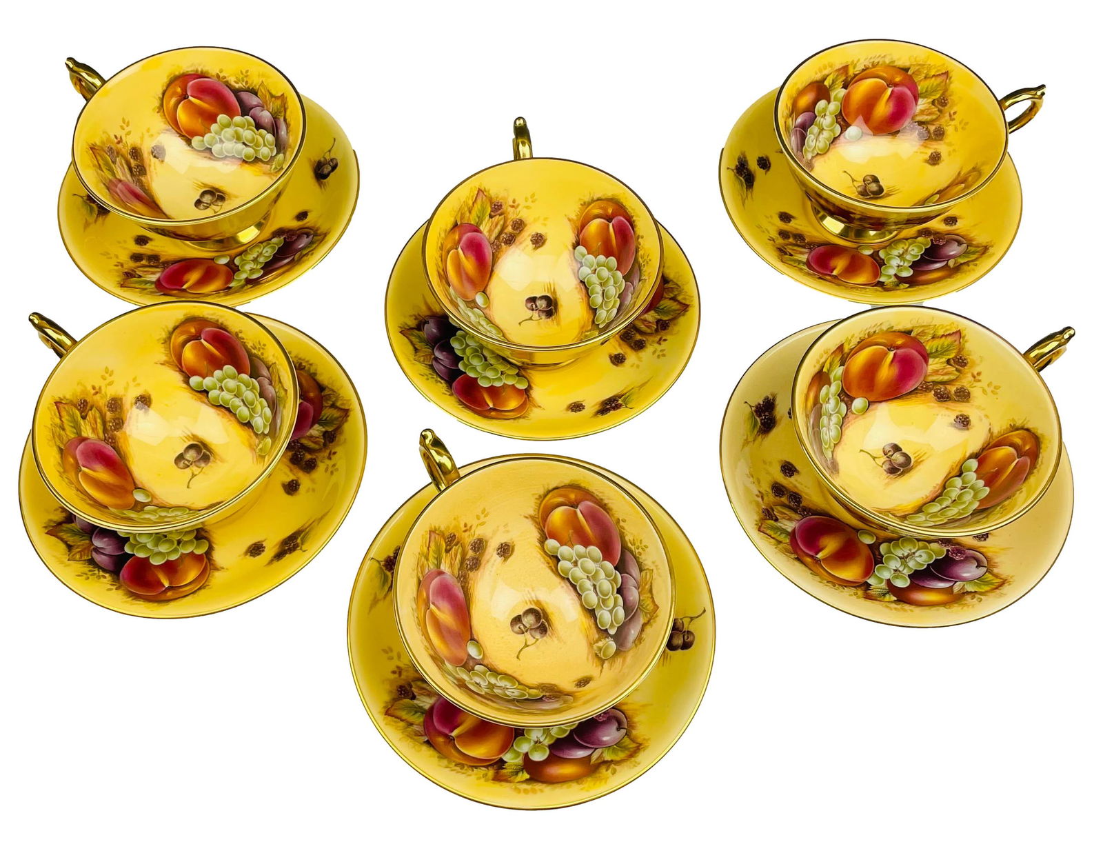 Aynsley Orchard Gold Teacup Saucer Set 12pc LOT: Set of 6 English fine bone china tea cups and 6 matching saucers manufactured by Aynsley. Total of 12 pieces. All graced with a rich harvest scene in "transferware" against a yellow ground. Handles, r