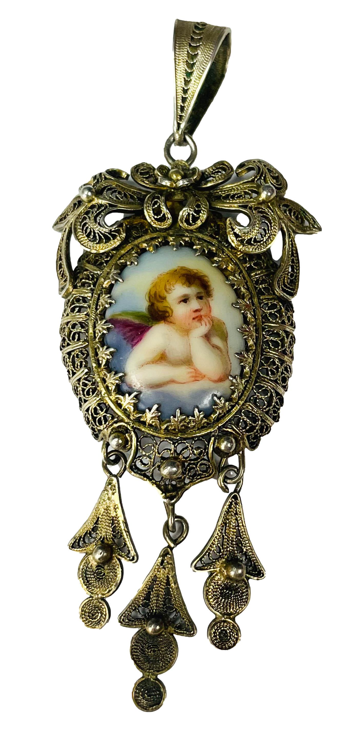 Silver Filigree Porcelain Cherub Necklace Pendant (1 of 3)
