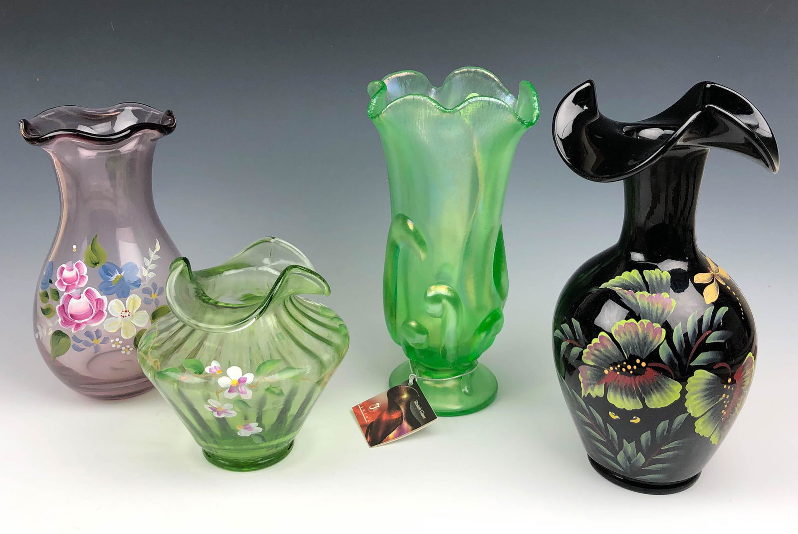 Fenton Art Glass Hand Painted Shelf 4pc Vase LOT (1 of 6)