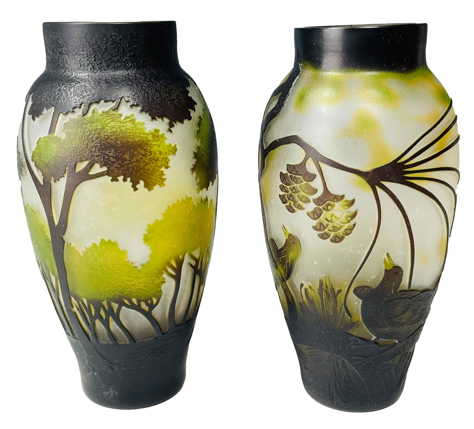 Carved Cameo Landscape 2pc Vase PAIR after Galle (1 of 6)