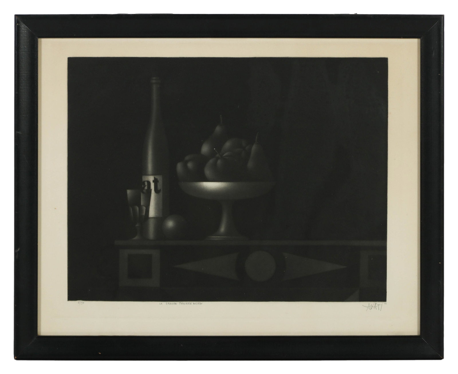 Mario Avati 1921-2009 Still Life Mezzotint Print: Mario Avati ( French, 1921 - 2009 ). Subject matter depicts a wine bottle, a goblet and a fruit basket. Signed lower left, titled center and is executed in a limited edition size number, this one bein