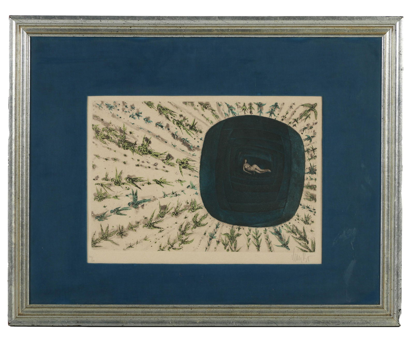 Lars Bo 1924-1999 Modernist Color Engraving LE: Lars Bo (Danish, 1924-1999). Color engraving on paper. Abstract reclining nude on a large blue form against a green grass type setting. Signed lower right with edition size number 44 / 50 lower left.W