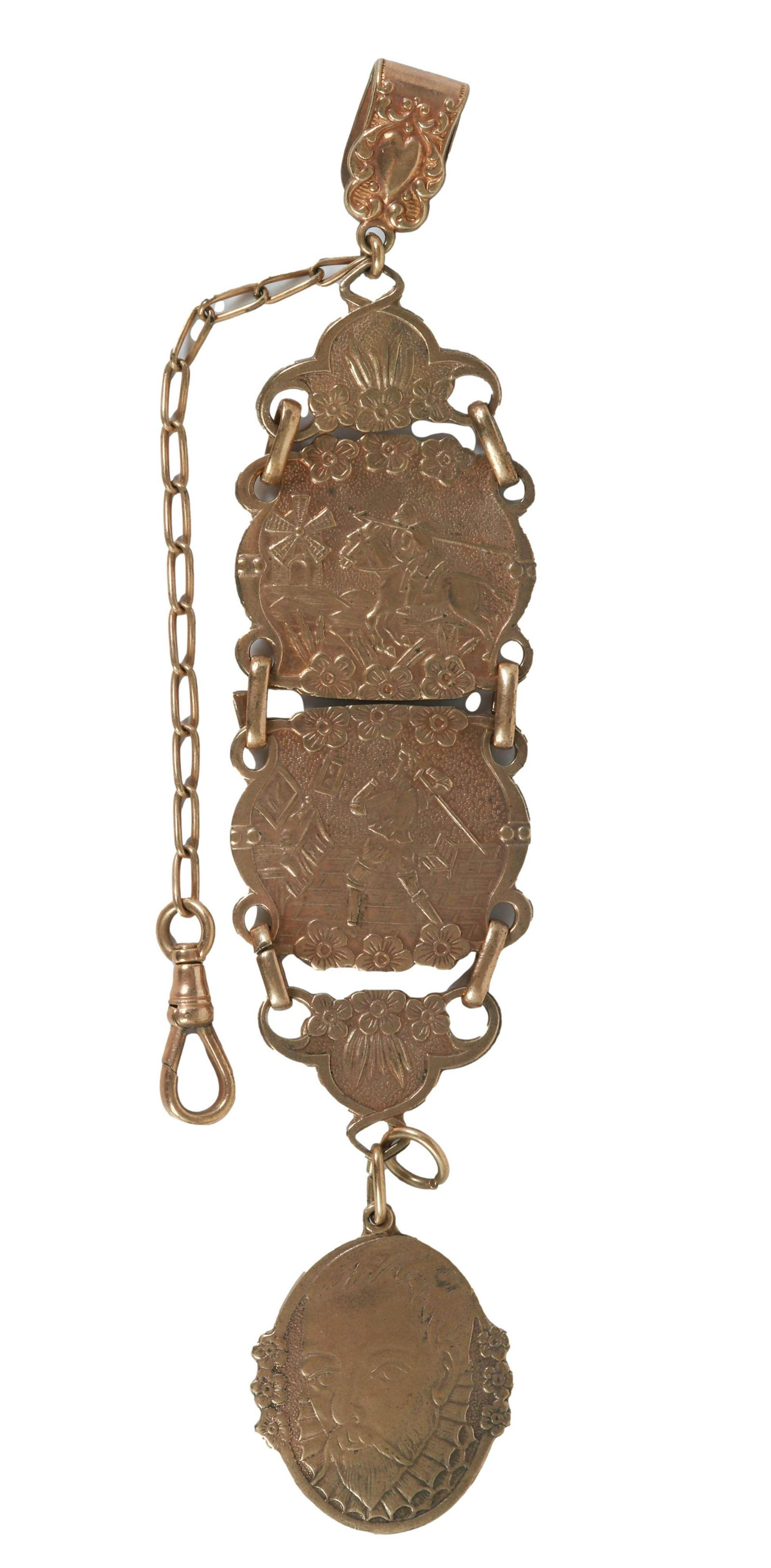 Antique Gold Plated Cervantes Quixote Chatelaine: 20th century unusual gold plated chatelaine bracelet. Features scenes from the Spanish epic novel "Don Quixote" by Miguel de Cervantes and the portrait face of Cervantes. Retains its patina. Measures 