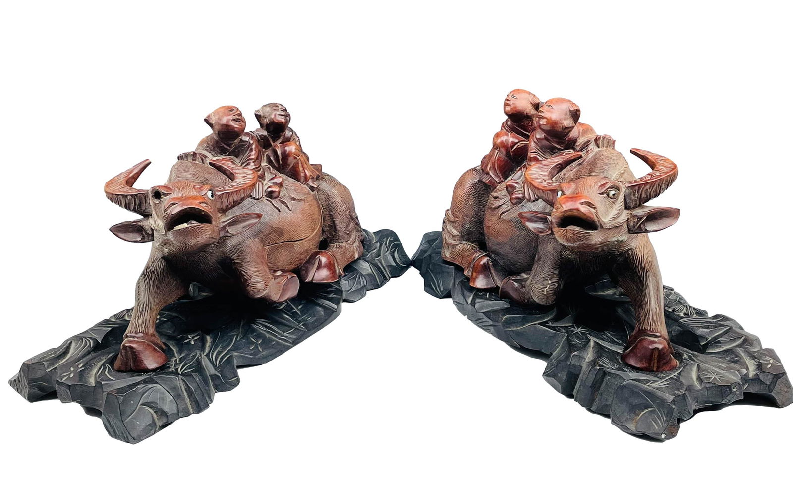 Chinese Carved Wood Water Buffalo Sculptures PAIR (1 of 6)