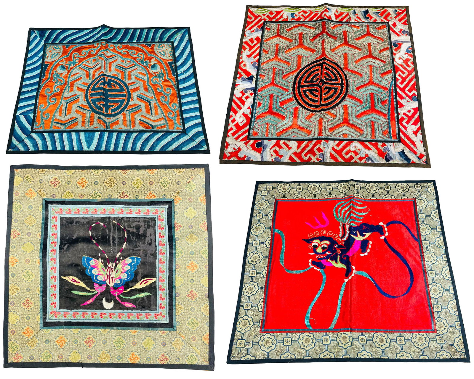 Estate Lot 4 Chinese Hand Embroidered Silk Panels: Mid 20th century articles of Chinese cultural art painstakingly Handcrafted / hand sewn in manner. Center of one features a butterfly insect, one with a foo dragon do and 2 with medallion with decorat