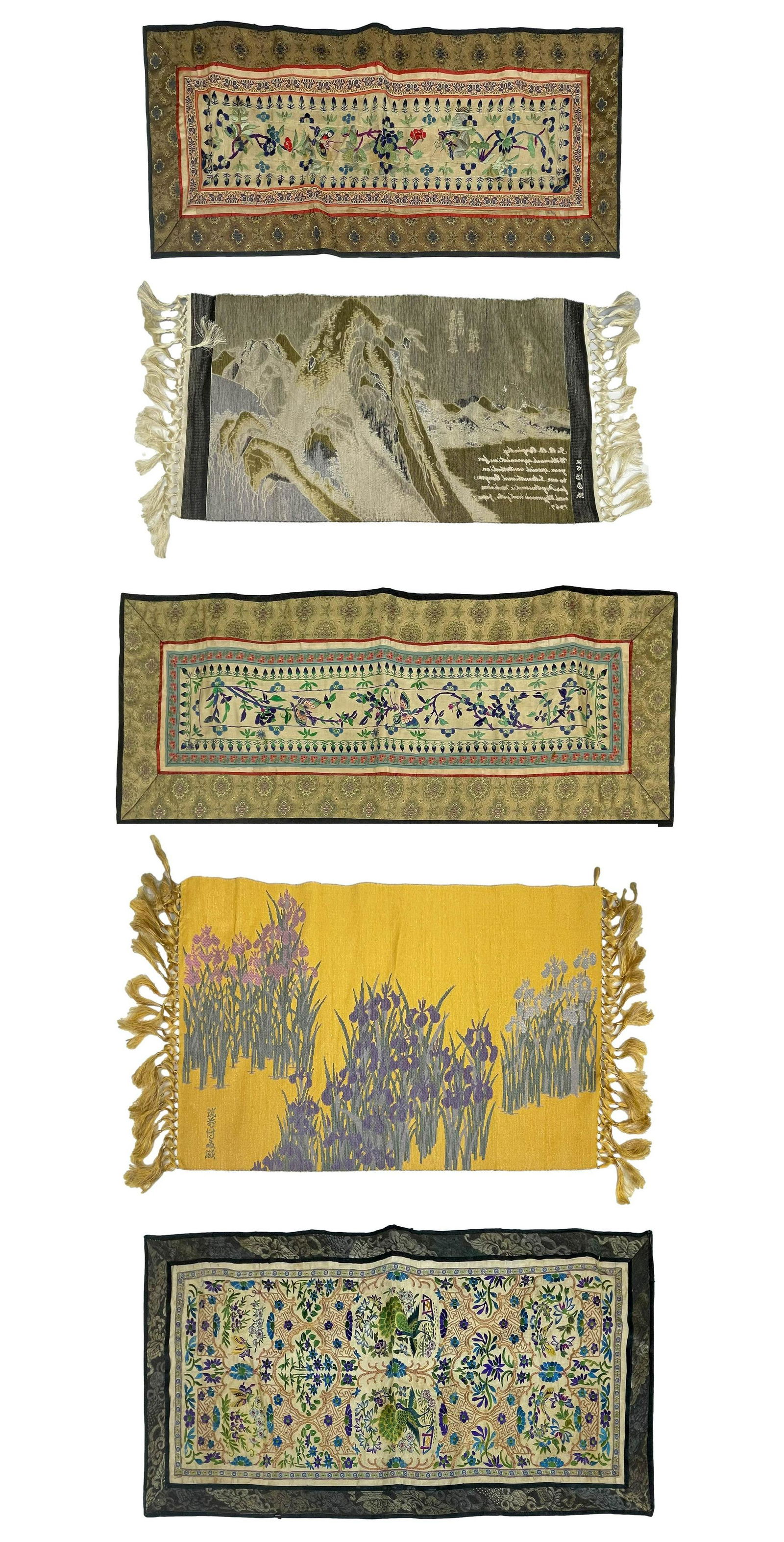 Chinese Embroidered Floral Mountain Silk Panel x 5 (1 of 8)