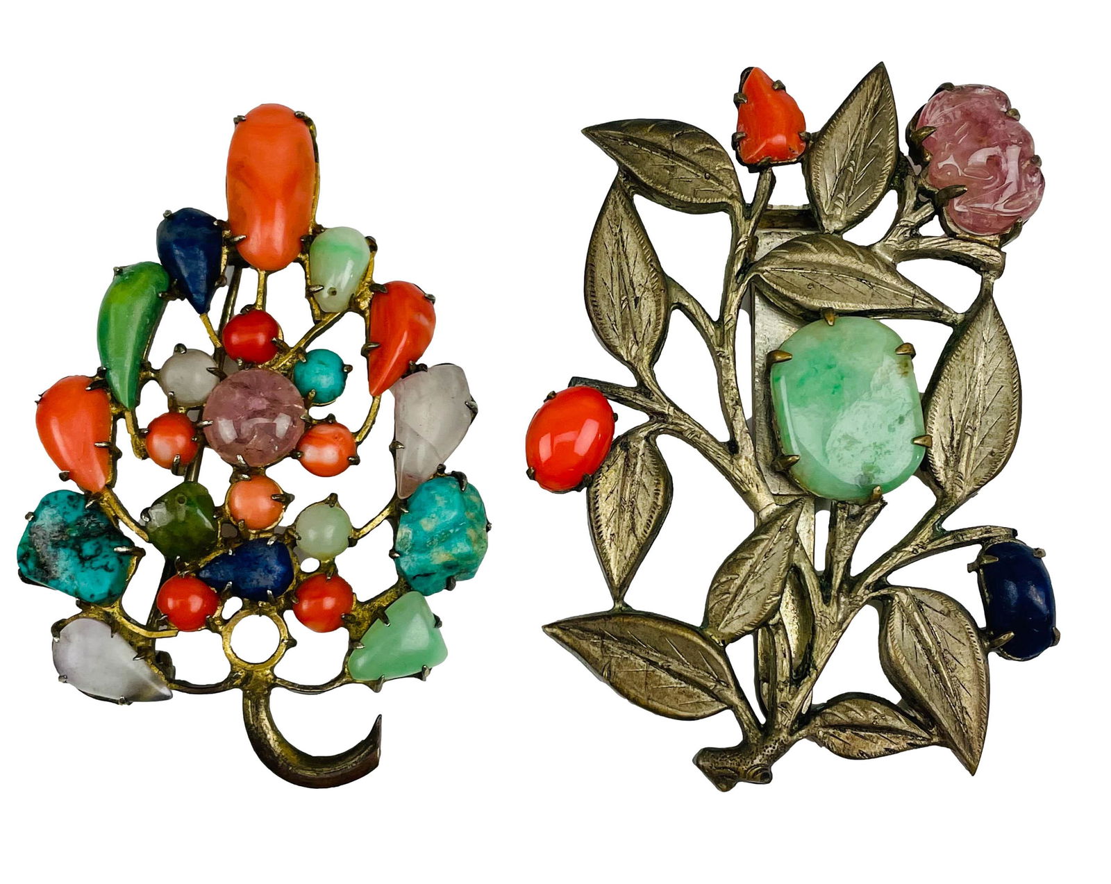 Chinese Export Jade Coral Turquoise Pin & Clip 2pc (1 of 4)