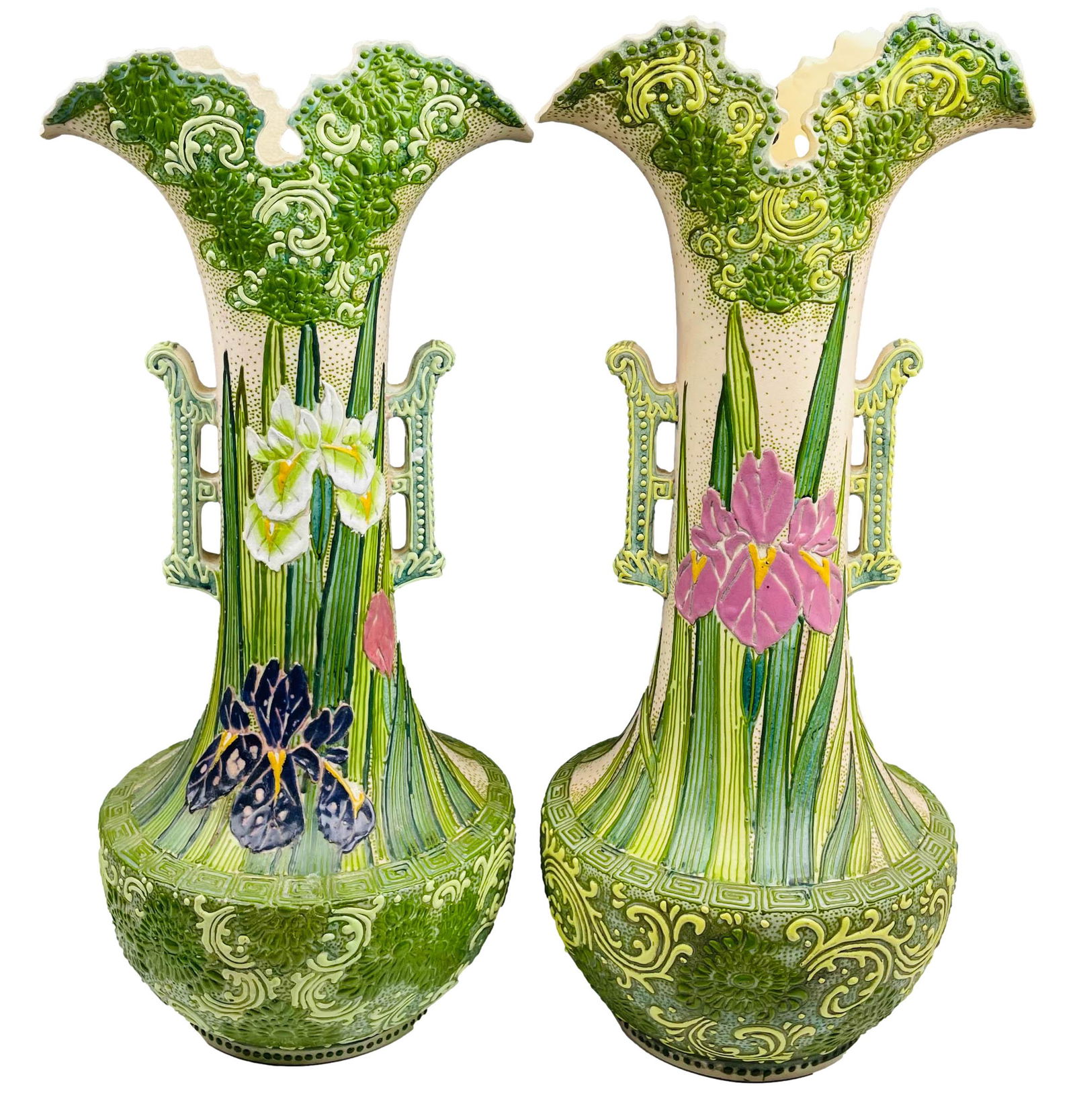 Japanese Meiji Satsuma Moriage Iris Vases PAIR (1 of 6)