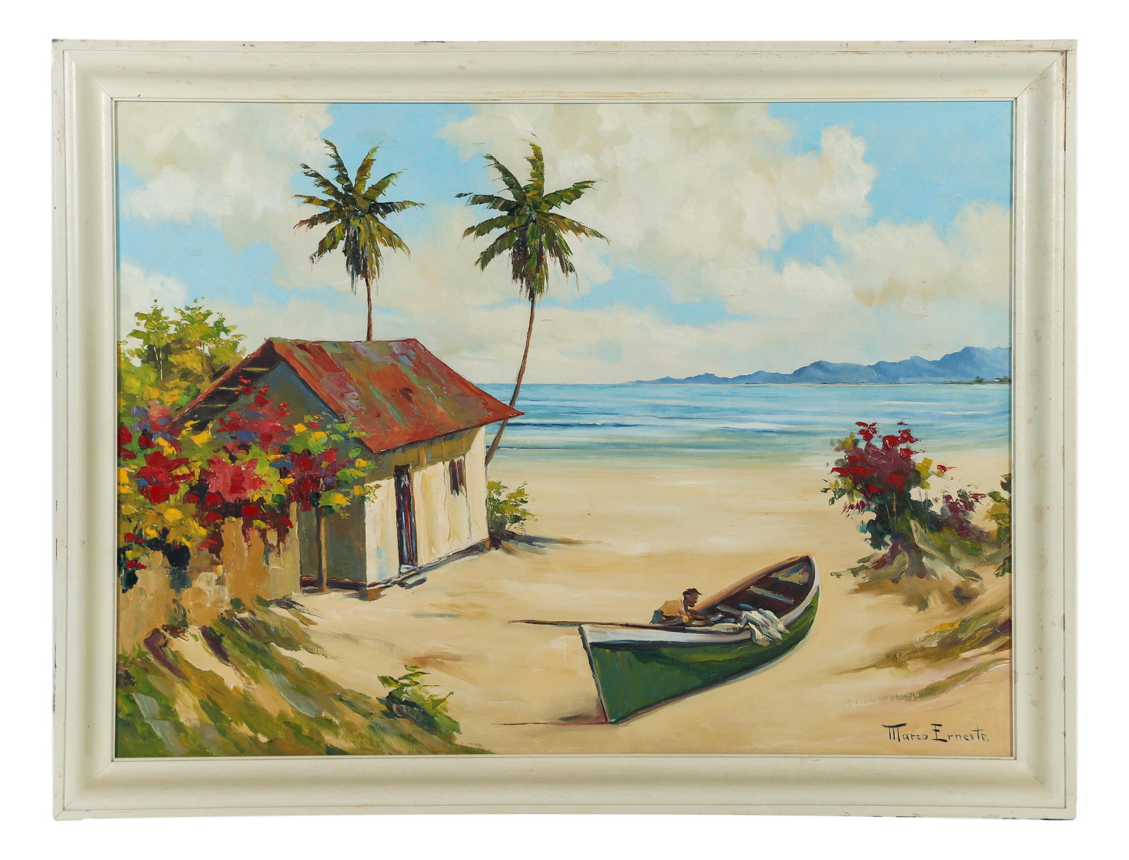 Marco Ernesto 1923-1985 Panama Beachscape Painting: Marco Ernesto (Panamanian, 1923-1985). Oil painting on canvas. A Caribbean beach landscape with a coconut palm, hut structure, and boat with a figure. Artist signature lower right. Presented in white 