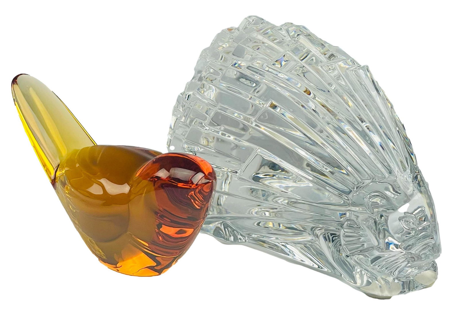 Baccarat Crystal Porcupine Amber Bird Paperweight: Baccarat French amber and clear crystal art glass sculptural paperweights. Includes 1 x porcupine. 1 x seated bird. Porcupine measures 3" in height x 5" in length. Bird measures 2" in height x 4" in l