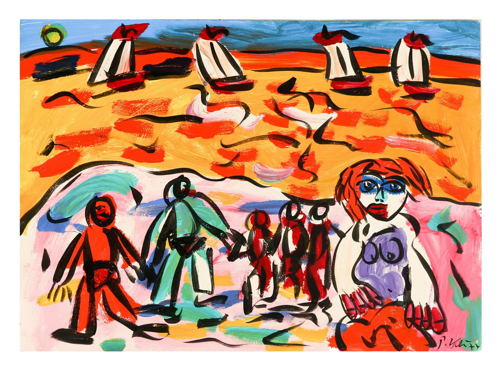 Peter Keil b.1942 Bowie On The Beach Painting: Peter Robert Keil (German, born 1942) Original Neo Expressionism abstract landscape painting on paper. Titled "Bowie On The Beach". Work features colorful Picasso inspired study of figures on the beac