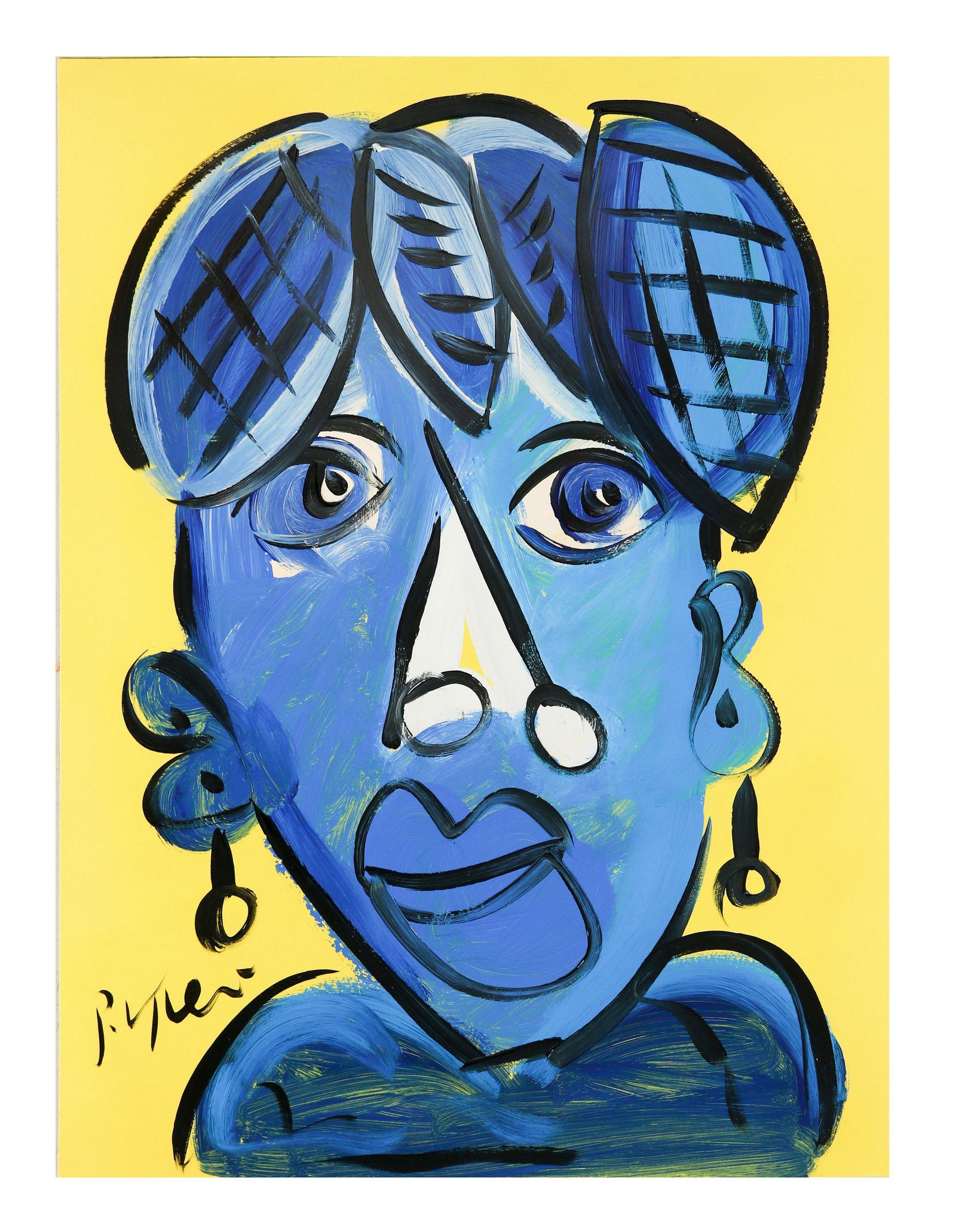 Peter Keil b.1942 Miss Dusty Portrait Painting: Peter Robert Keil (German, born 1942) Original Neo Expressionism abstract portrait painting on paper. Titled "Miss Dusty". Work features Picasso inspired blue face, over yellow ground, of singer Dusty