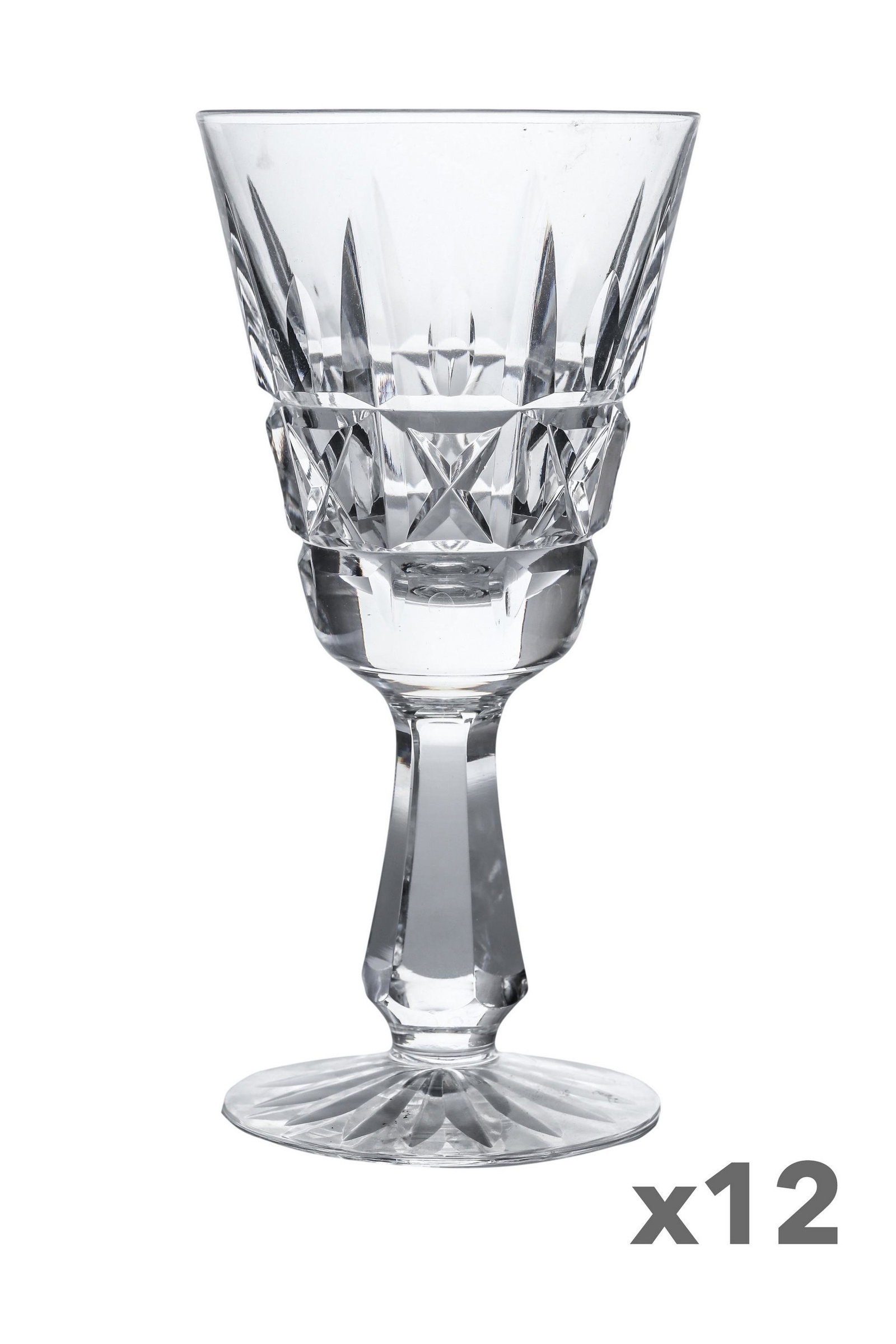 Waterford Crystal 12pc Kylemore White Wine Goblets: Set of 12 Irish cut crystal bar barware wine drinking glass goblets manufactured by Waterford in their "Kylemore" pattern. Production years : 1966 - 2017. Design features cross hatch with box and vert