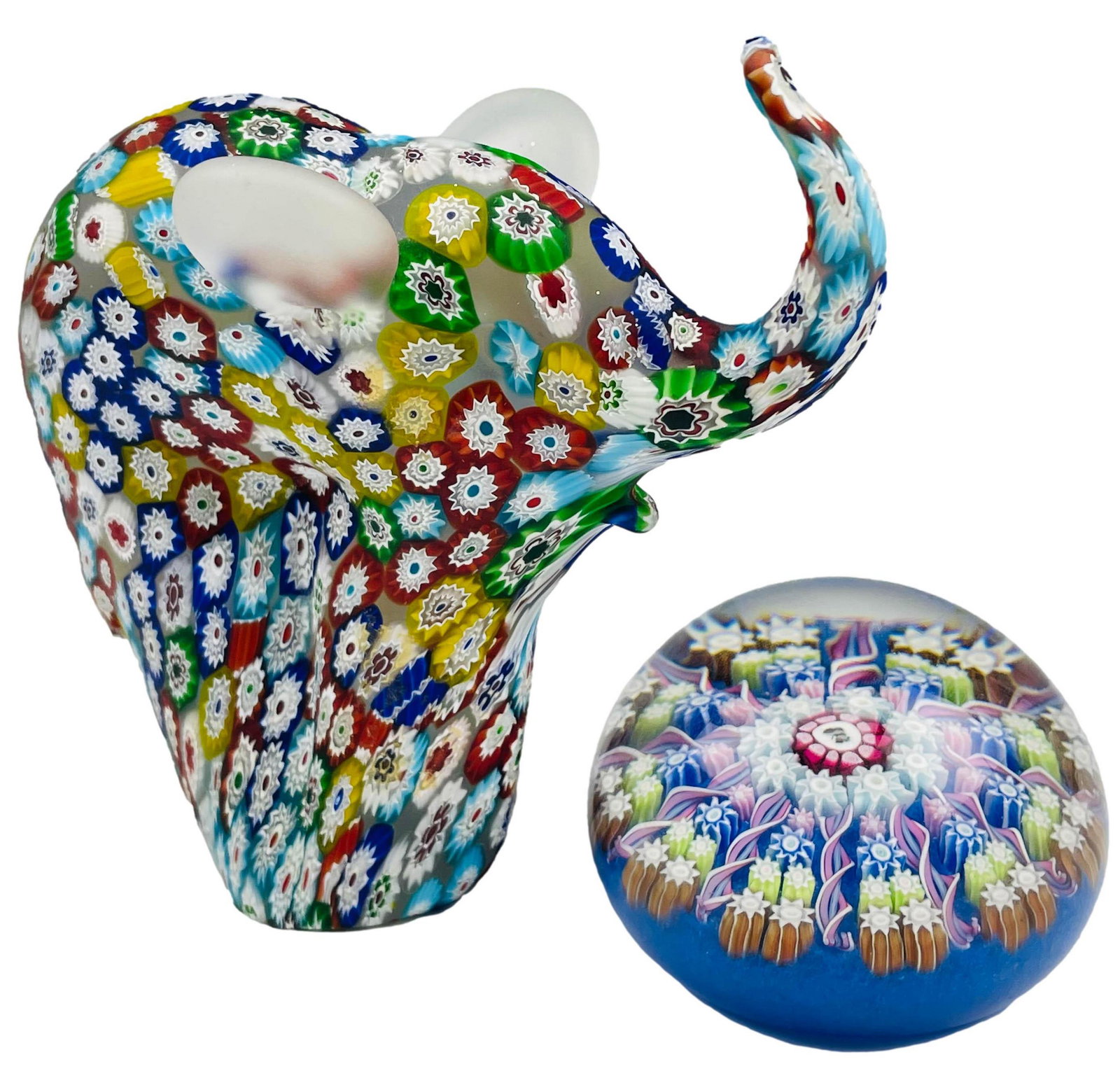 Millefiori Paperweight And Murano Elephant 2pc LOT: Includes ~ 1 x paperweight hand crafted by Perthshire paperweights Ltd of Crieff, Scotland. Graced with millefiori cans and twist ribbons, the composition resting on a ground of sky blue. 1 x millefio