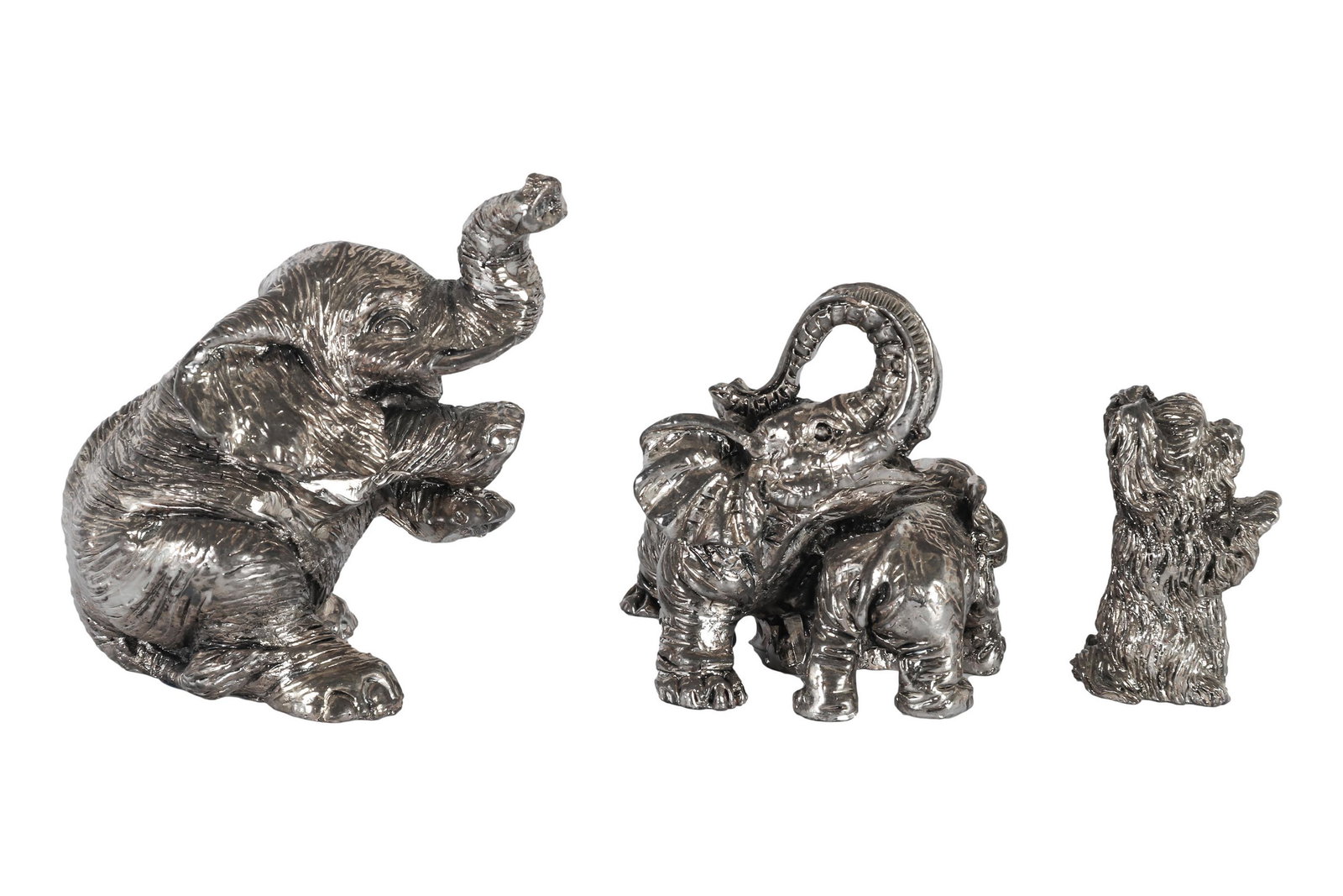 Argento Sterling Elephant & Dog Figurine 3pc LOT: Estate collection lot 3 Argento Italian sterling silver 925 over wax / resin composition figurines. Includes 1 x performing circus elephant with raised trunk up. 1 x Elephant with calf. 1 x seated Ter