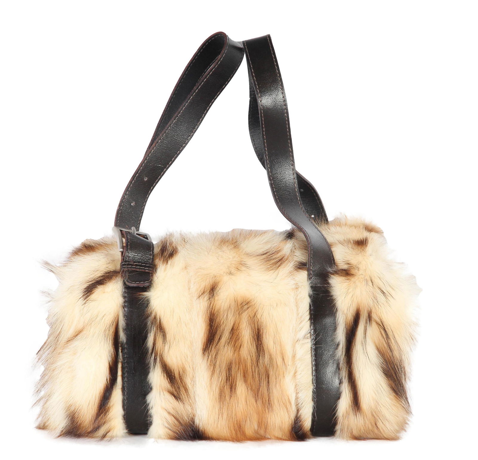 Elena Girardi Fur & Brown Leather Shoulder Handbag: Italian hand made / hand crafted designer OOAK ( one of a kind ) purse handbag by Elena Girardi. Comprised of genuine fox fur and stitched brown leather. Interior with single zippered flat compartment