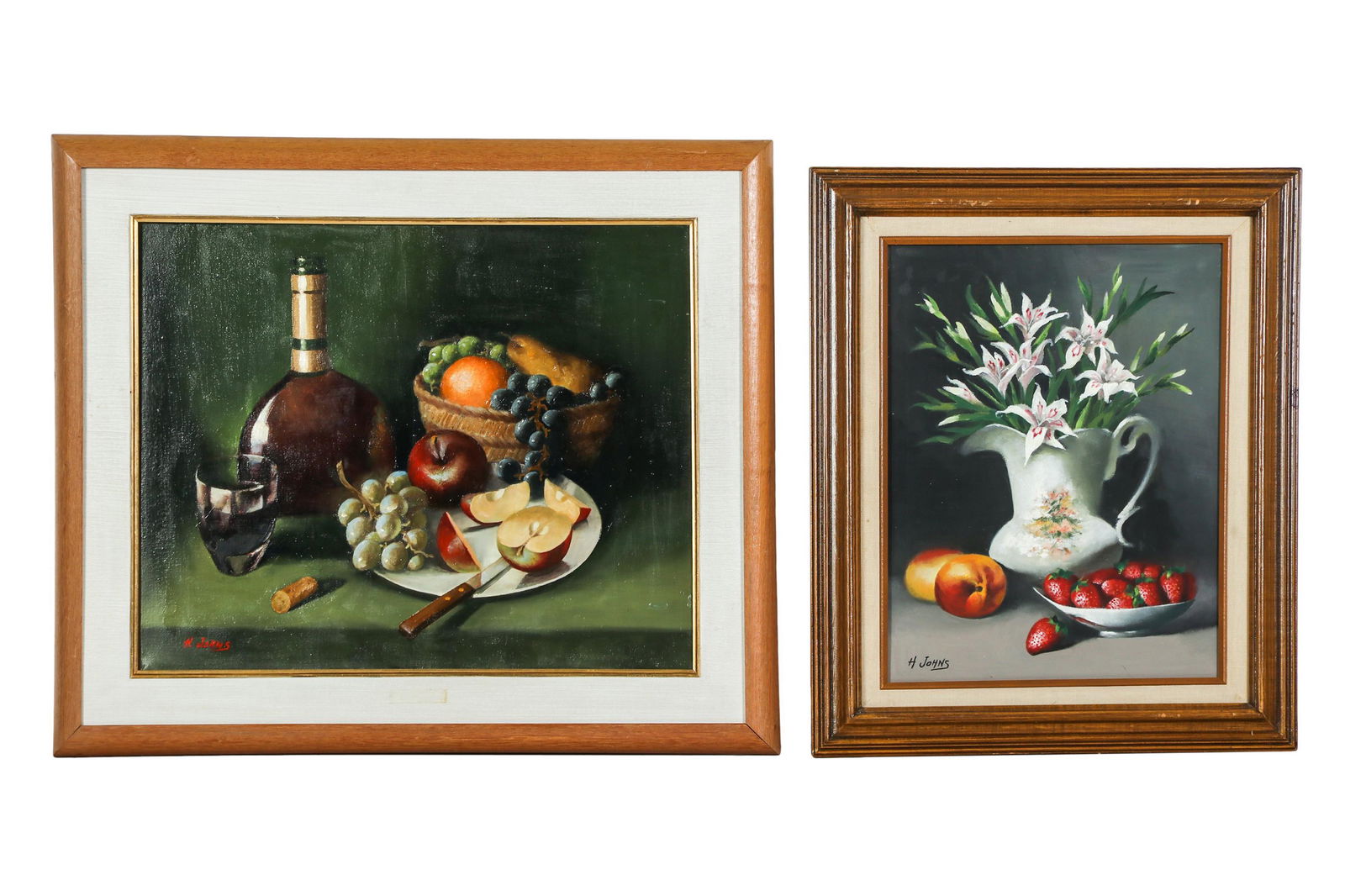 Harold Johns 20C Still Life Oil Painting 2pc LOT: Harold Johns (20th century). Oil on canvas paintings. One is a still life composition featuring a wine bottle, glass of wine and fruit. The other depicts lily flowers in a white jug with peaches and s