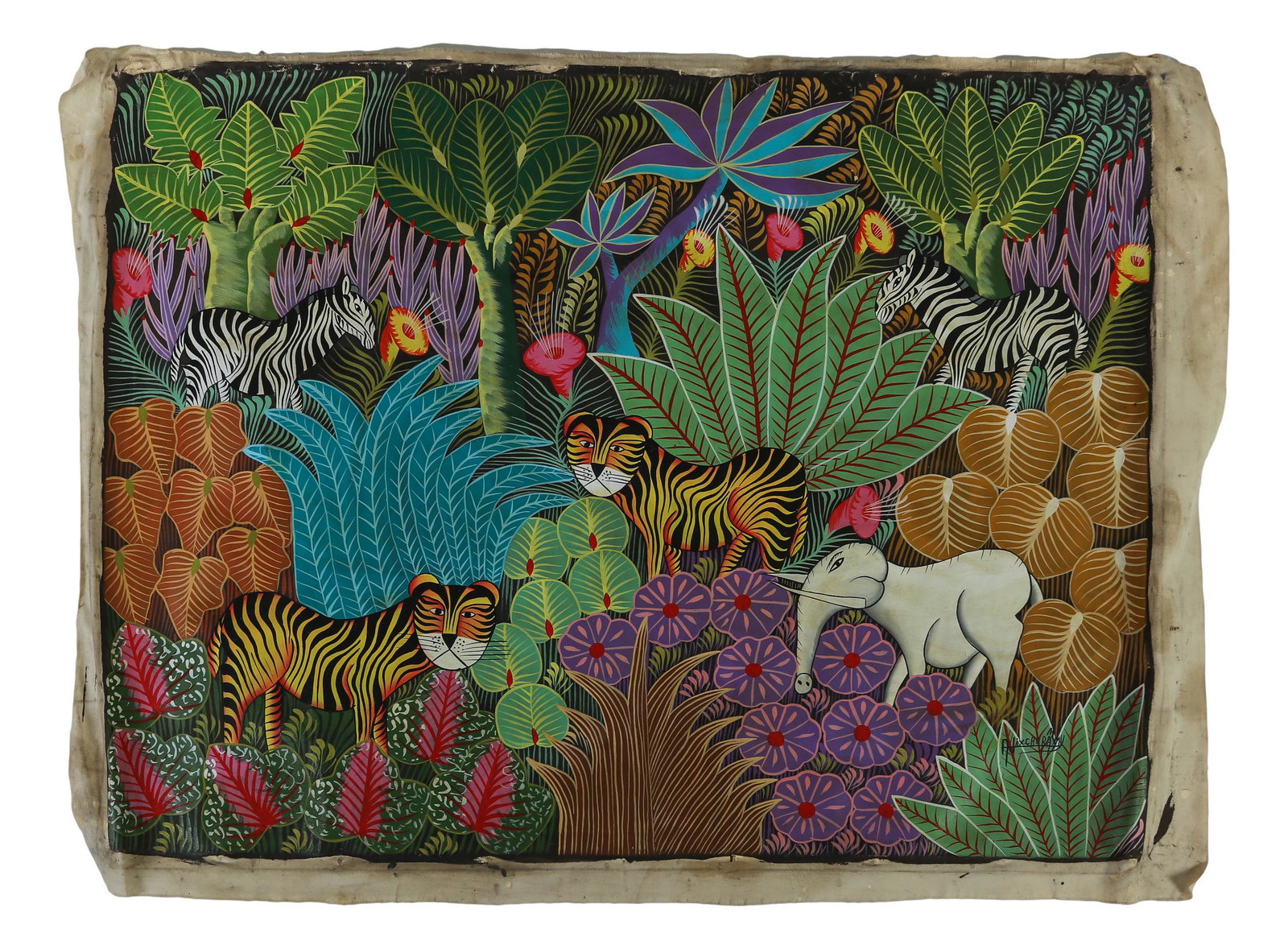 Alix Chertamy 20C Haitian Folk Art Jungle Painting: Ali Cheramy, (Haitian, 20th Century). Oil painting on canvas. A colorful jungle scene with an elephant, zebras and tigers, among lush and rich floral vegetation. Artist signature lower right. Dimensio