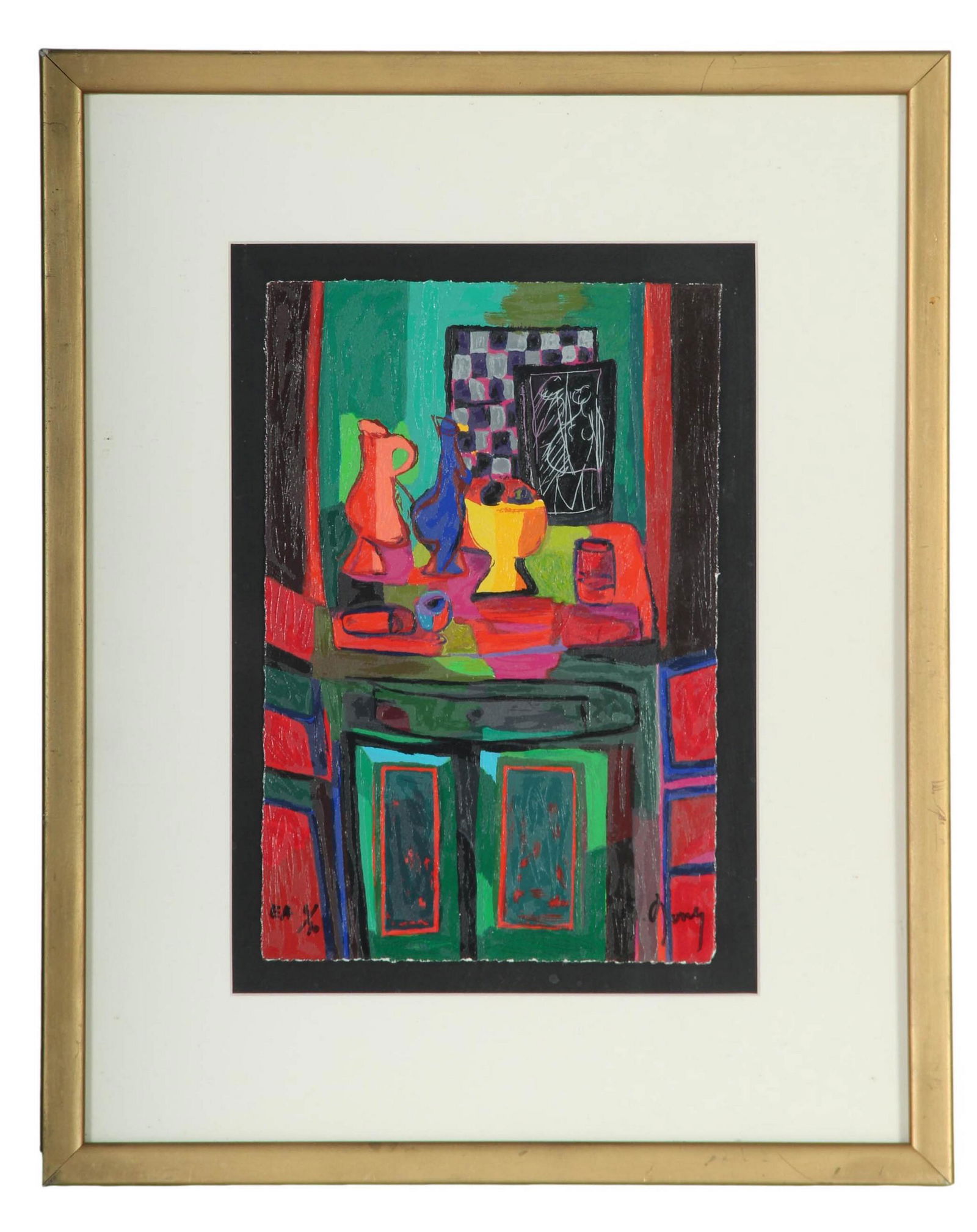 Marcel Mouly 1918-2008 Still Life Serigraph SIGNED: Marcel Mouly ( French, 1918-2008 ). Abstract subject matter features a pitcher jug, compote and a tumbler set on a table with a checkerboard work of art on the wall in the background. Signed in the pl