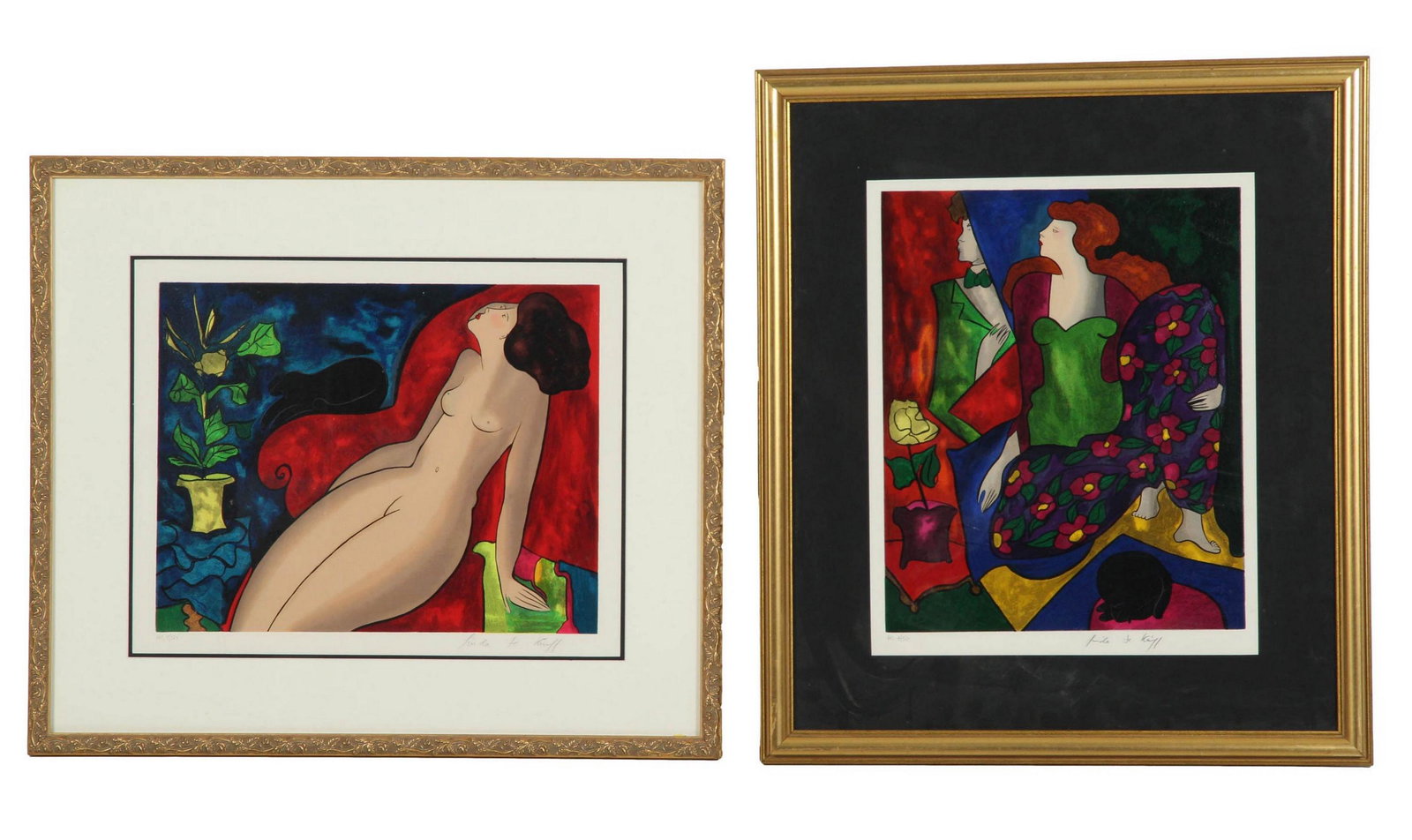 Linda Le Kiniff b.1949 Serigraph SIGNED 2pc LOT: Linda Le Kiniff (French, b.1949. Collection of to color serigraphs on paper. Includes (1) titled "Cousins", and (1) title unknown, depicts a reclining nude. Frames measure 2.25" - 25.5" x 22" - 25.25"
