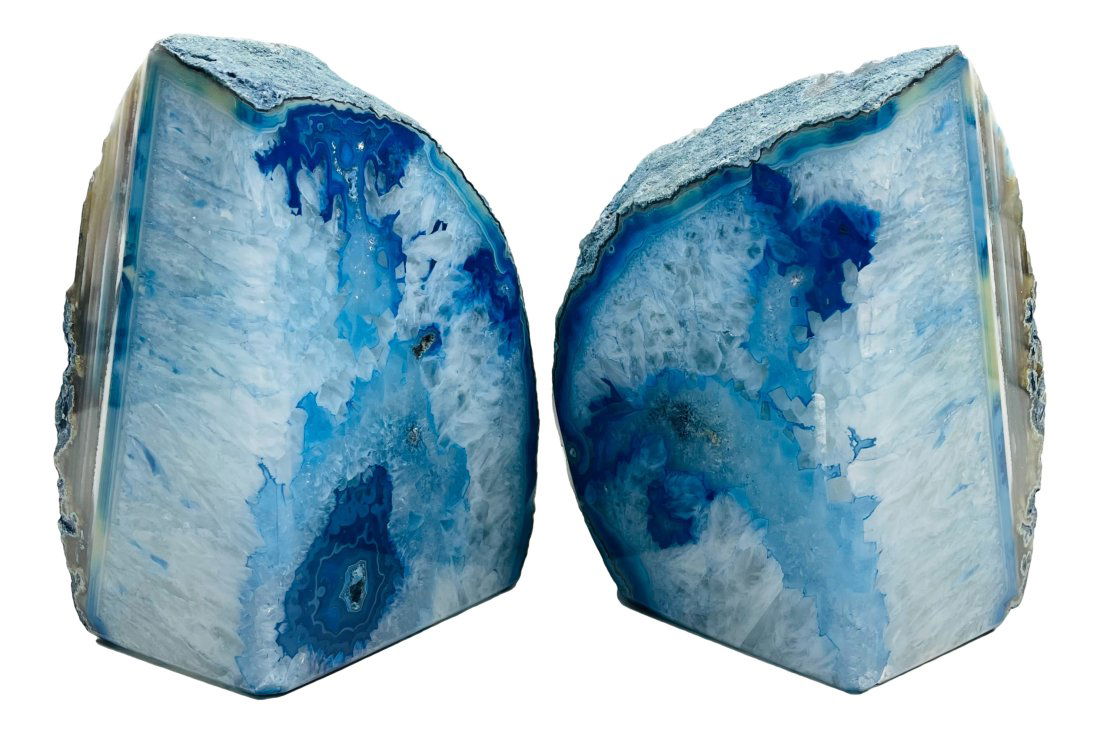 Blue Agate Mineral Cut Crystal Geode Bookends PAIR (1 of 4)