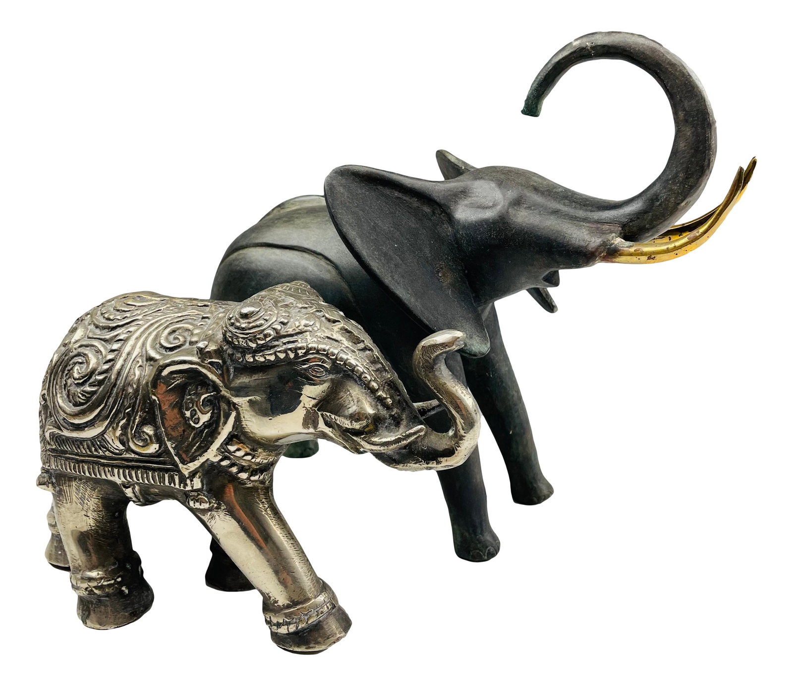 Maitland Smith Style Mixed Metal Elephant 2pc LOT: Maitland Smith style wildlife pewter and bronze elephant two piece lot. Features two lucky trunk up elephants one made from pewter and other made in bronze. Smallest measures 5 in. x 8 in. x 3 in. Lar