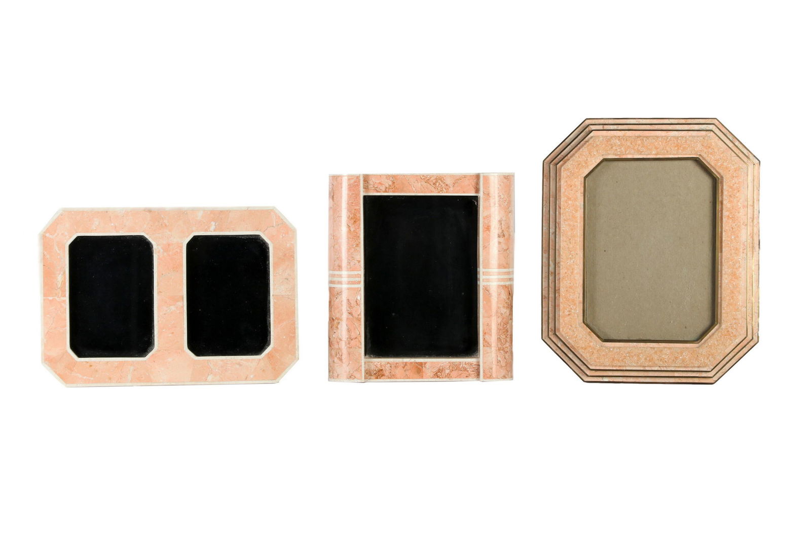 Maitland Smith Tessellated Marble Photo Frame LOT: Three Maitland Smith style picture frames. Fine tessellated marble in light beige and coral tones. Measurements ranging from 7" x 10.5" x 7.5" - 10". Picture opening size 4.75" - 7" x 3.75" - 5". Paul