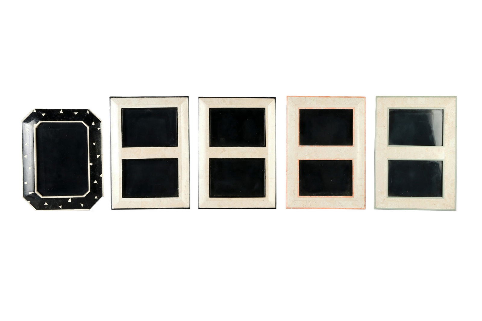 Maitland Smith Tessellated Marble Photo Frame LOT: Five Maitland Smith style picture frames. Fine tessellated marble in white, black and chrome tones. Frame measurements ranging from 7" - 9" x 7" - 10". Picture opening size 4.75" - 6.5" x 3.25" - 4.75
