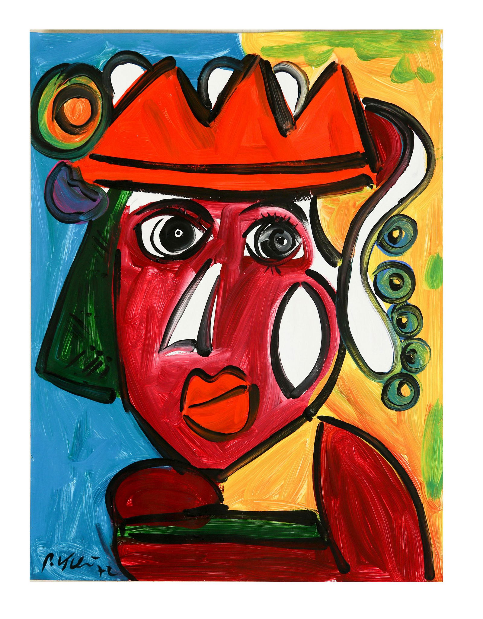 Peter Keil b.1942 Elvis Presley Portrait Painting: Peter Robert Keil (German, born 1942) Original Neo Expressionism abstract portrait painting on paper. Titled "Elvis Presley". Work features a colorful Picasso inspired face with crown. Signed and date