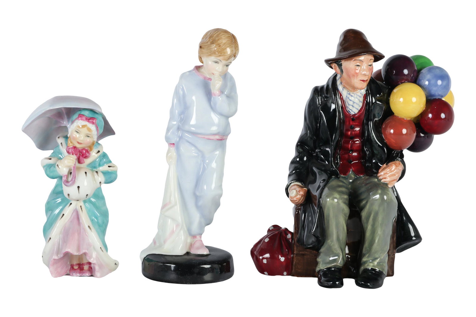 Royal Doulton English Porcelain Figurine 3pc LOT: Three Royal Doulton figurines. Lot includes (1) The Balloon Man HN1954. Designed by Leslie Harridine. Production years 1940 - 1996, (1) Miss Muffet HN1936. Designed by Leslie Harradine. Production yea