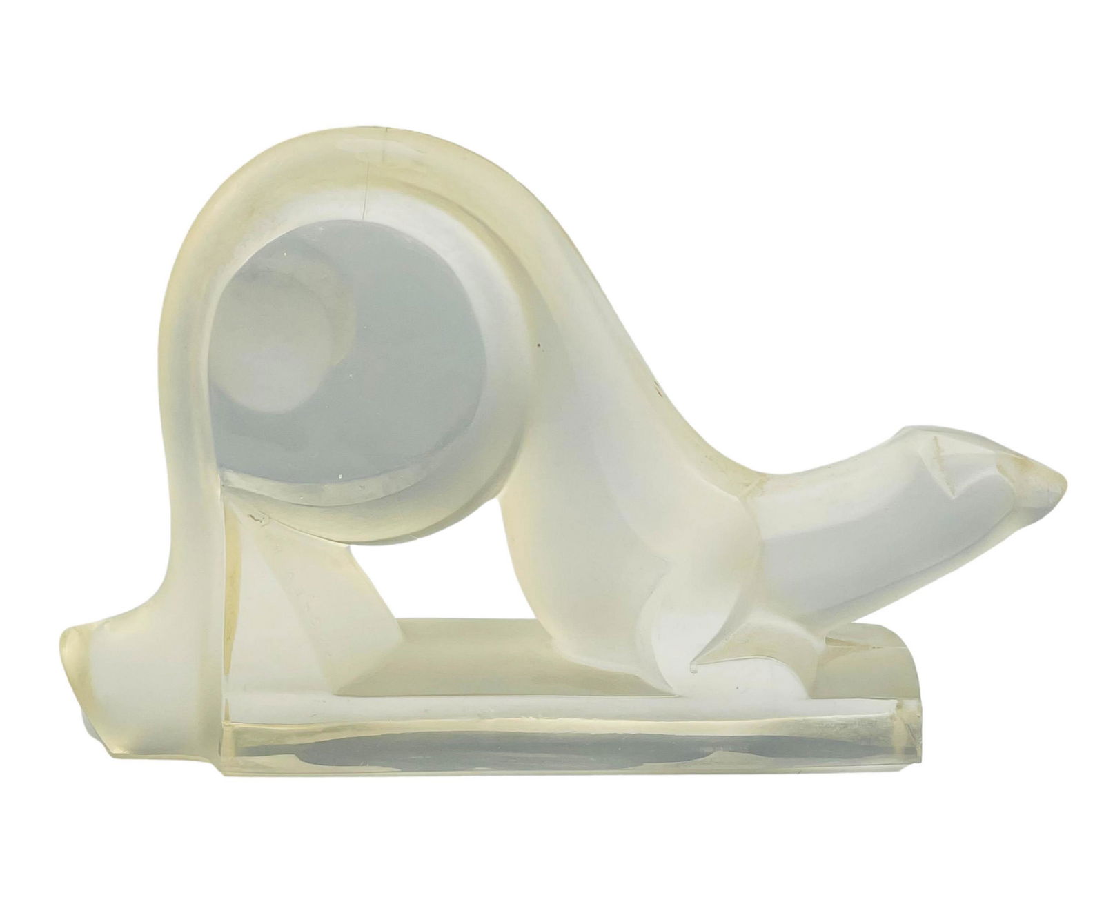 Rene Goro French Art Deco Marten Glass Sculpture: Rene Goro 20th century French glassmaker and editor. Model features a crouching marten modeled of pressed and frosted glass. Signed ~ stamped in embossed raised relief Rene Goro France. Dimensions: 5.