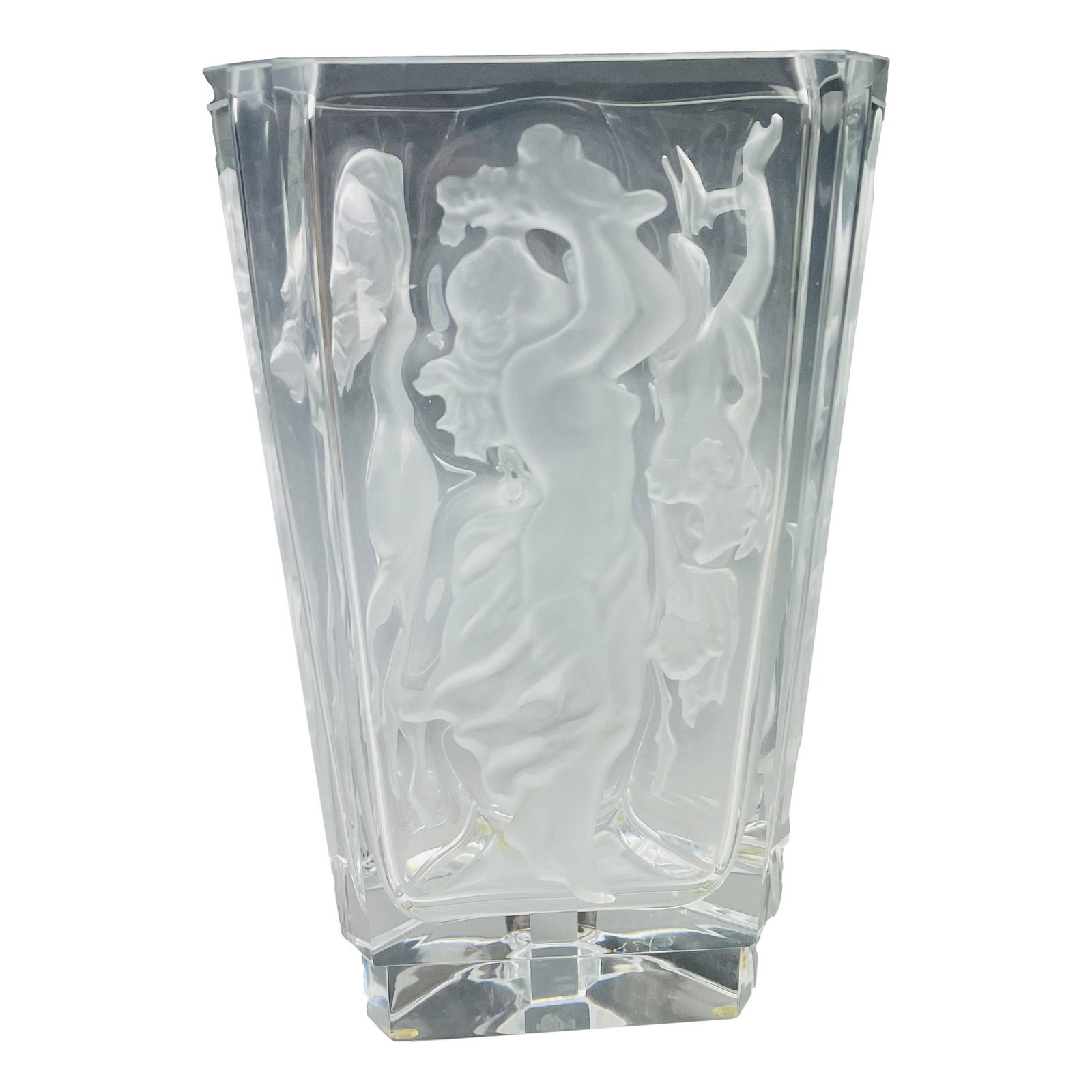 Frantisek Halama Art Deco Intaglio Maiden Vase: Art Deco 1930's era Bohemian Czech crystal art glass vase by Frantisek Halama. The thick walled triangular shaped tapered vase with 3 deep pressed intaglio frosted nude maidens in dance poses. Signed 