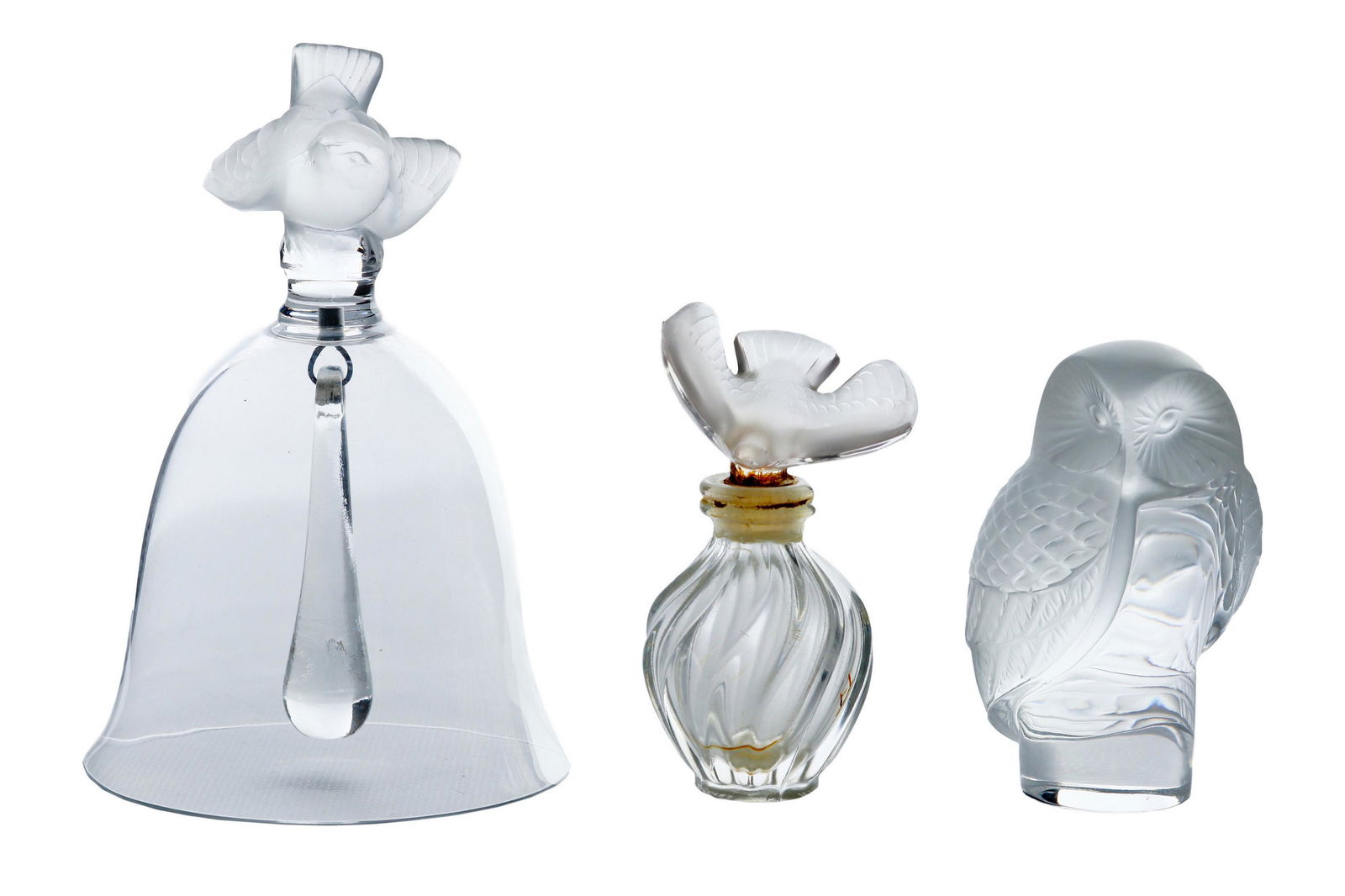 Lalique Crystal Bell Bottle & Owl ESTATE 3pc LOT (1 of 4)