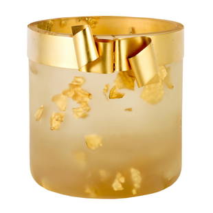 Hollywood Regency Martha Sturdy Lucite Resin Vase: Martha Sturdy (Canadian ,b.1942). Thick walled lucite resin vase features internally cased gold leaf accents within with a gold tone mounted collar around the top. Signed ~ stamped on the sticker labe