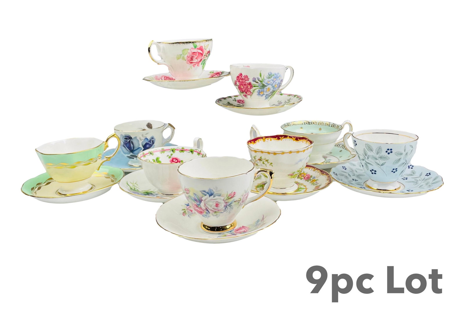 English Porcelain TeaCup & Saucer 9pc ESTATE LOT: Estate collection of nine English fine bone china Teacup and saucers. Lot Includes: (1) Delphine (1) Lady Margaret "Queen Anne" (1) Aynsley (1) Royal Albert (1) Aynsley (1) Royal Albert "Chelsea Bird"