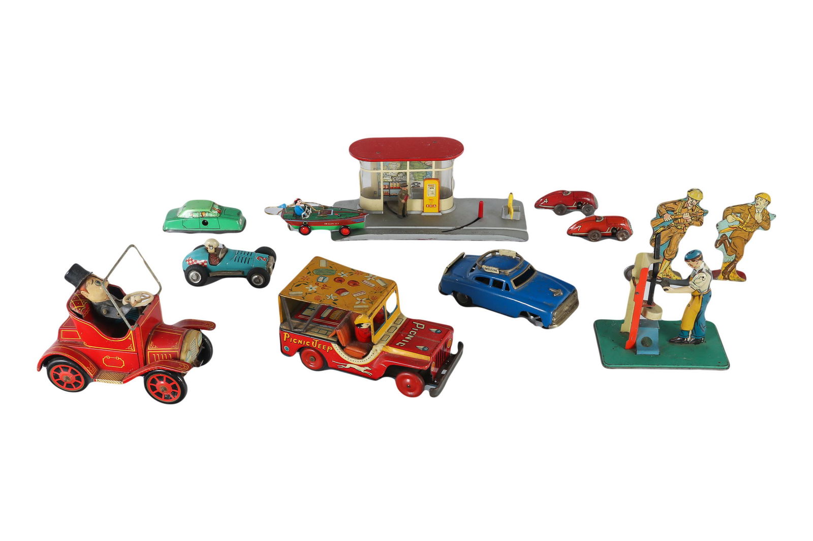 Tin Litho Gas Station Motor Boat Toy Race Car LOT (1 of 5)