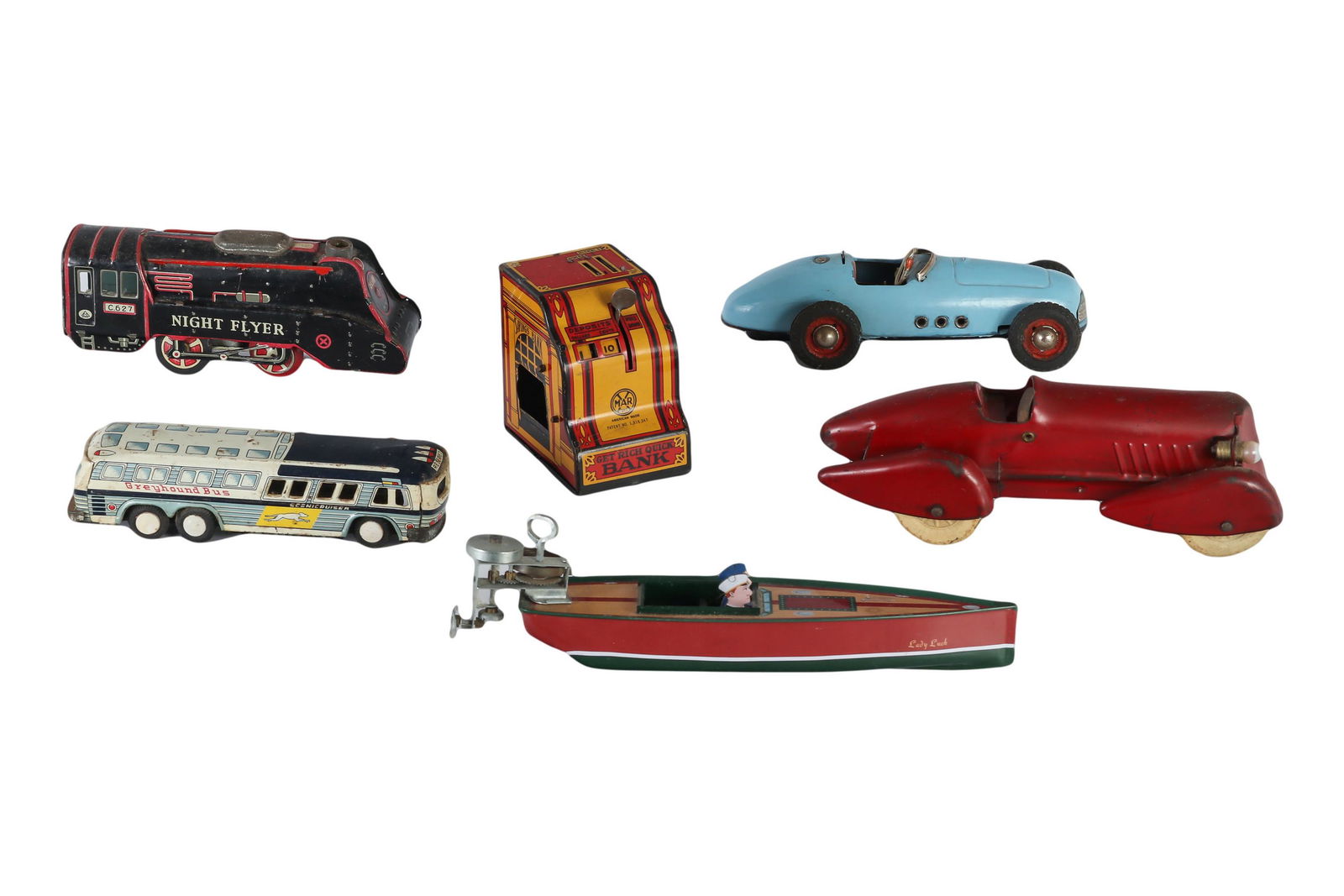 Tin Litho Race Car Bank Boat Train Bus 6pc Toy LOT (1 of 5)