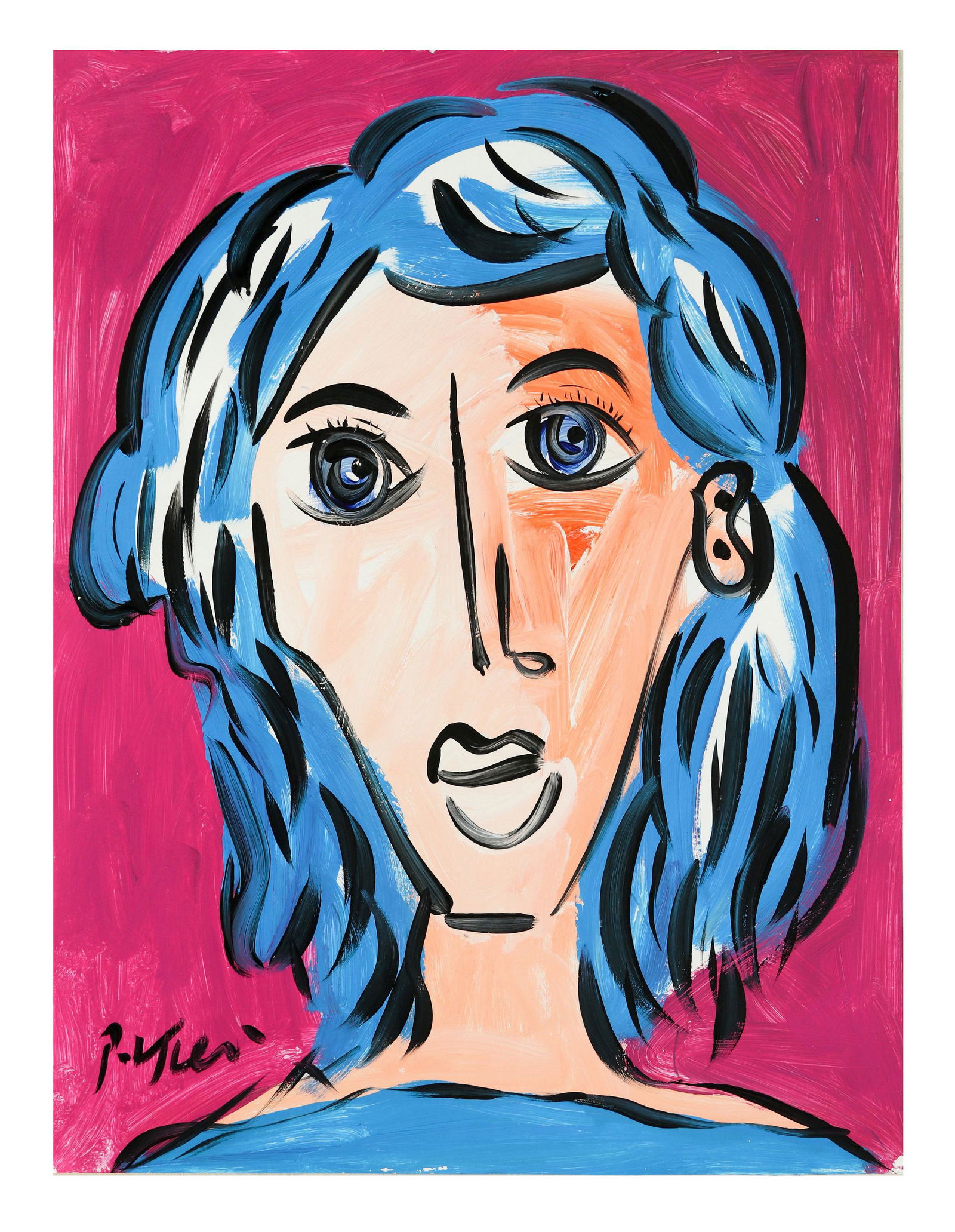 Peter Keil b.1942 Miss Carlisle Portrait Painting: Peter Robert Keil (German, born 1942) Original Neo Expressionism abstract portrait painting on paper. Titled "Miss Carlisle". Work features a Picasso inspired face, with blue hair, of the pop singer B