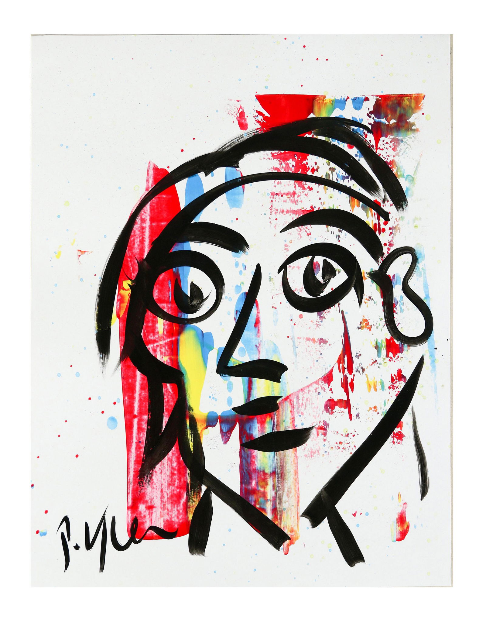 Peter Keil b.1942 Man In Mirror Portrait Painting: Peter Robert Keil (German, born 1942) Original Neo Expressionism abstract portrait painting on paper. Titled "Man In The Mirror". Work features a Picasso inspired black outline of face, with a rainbow
