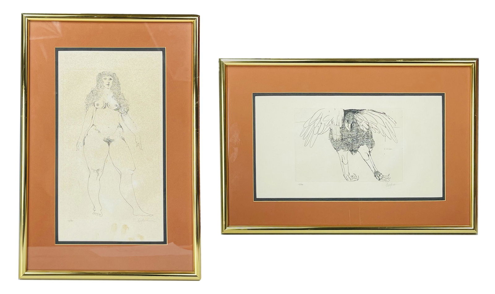 Leonard Baskin 1922-2000 LE Etching SIGNED 2pc LOT: Leonard Baskin (American, 1922-2000) Collection of two limited edition etchings. Lot includes (1) 14" x 20" "Hippolytus", limited edition etching of large bird, pencil signed lower right, 15/90 lower