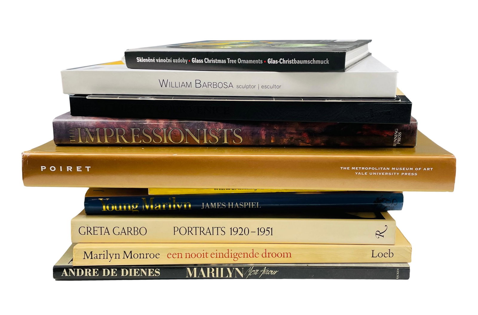 Art Film & Culture Coffee Table Book 11pc LOT: Estate collection of 10 art and film star coffee table books. Includes books on Poiret via Metropolitan Museum of Art, The Impressionist, Dale Chihuly, William Barbosa, Glass Christmas Ornaments Maril