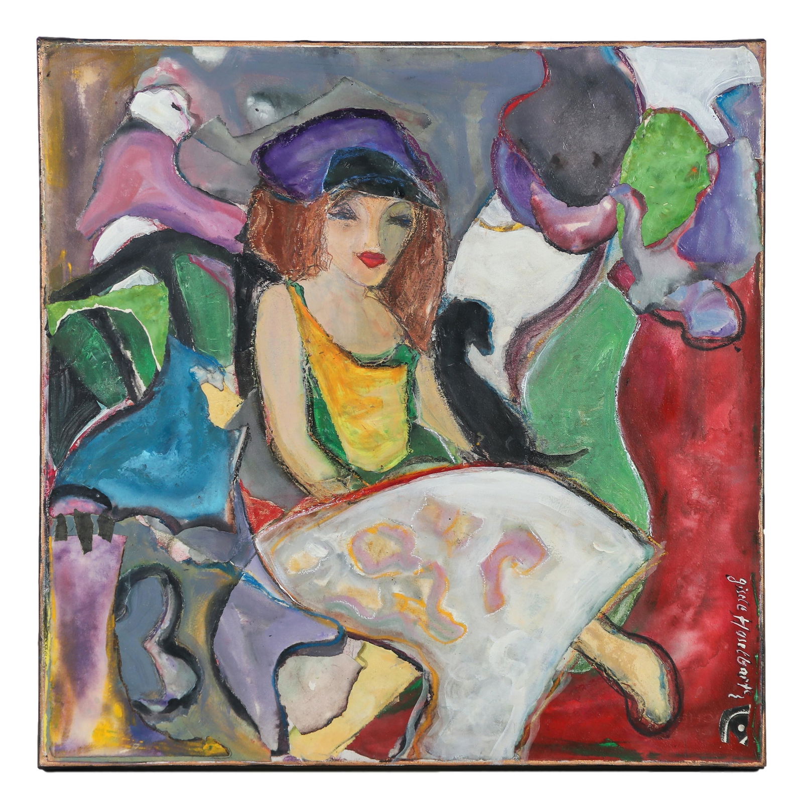 Gisele Haselbarth 1929-2016 Sitting Woman Painting: Gisele Haselbarth (American, 1929-2016). Colorful mixed media collage oil painting on canvas. A modern expressionist painting of a sitting woman in purple hat. Artist signature lower right, and on ver