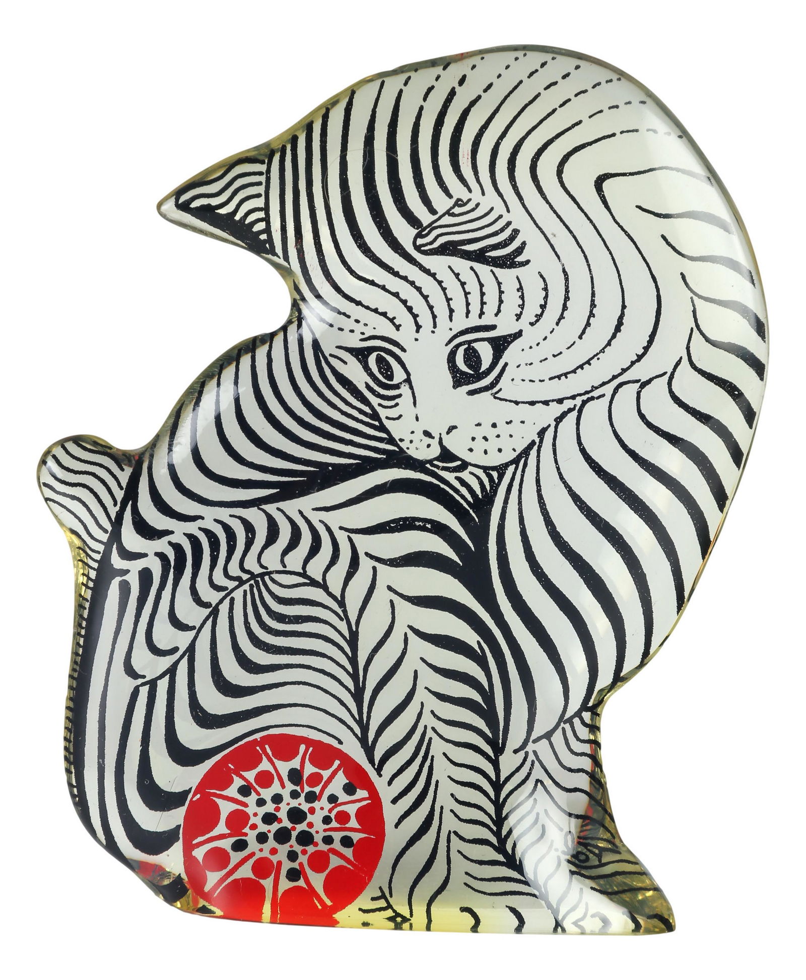 Abraham Palatnik Lucite Op Art Baby Cat Sculpture: Abraham Palatnik ( Brazilian, 1928 - 2020 ) ~ Inventor, designer and a giant pioneer of kinechromatic art. Subject matter features a seated striped tabby cat curiously inspecting a ball of red yarn to