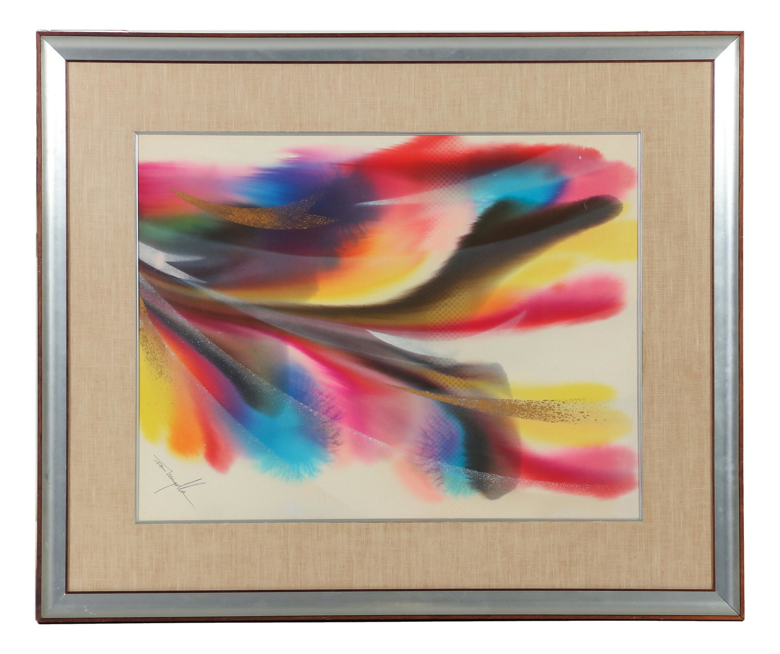 Don Mingolla 20C Expressionist Watercolor Painting: Don Mingolla (American, 20th-21st Century) Watercolor painting on paper. Titled "Four" on verso. Abstract of flowing feathered strokes of water color paint in pink, blues, yellow and brown. Presented 